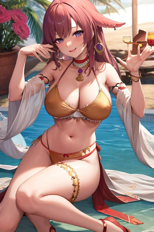 masterpiece, best quality, beautiful art, high resolution, well formed hands, body and fingers, 1 woman, solo, Yae Miko, grown up, arabian belly dancer, adult, big breasted, cleavage, hair ribbon, full body, sexy and skimpy outfit , gorgeous legs and thighs , dancing seductively and erotically, turning backwards and forwards, showing her back and front, showing her butt, bikini thong, smiling joyfully, looking at the viewer, flirting, beach environment