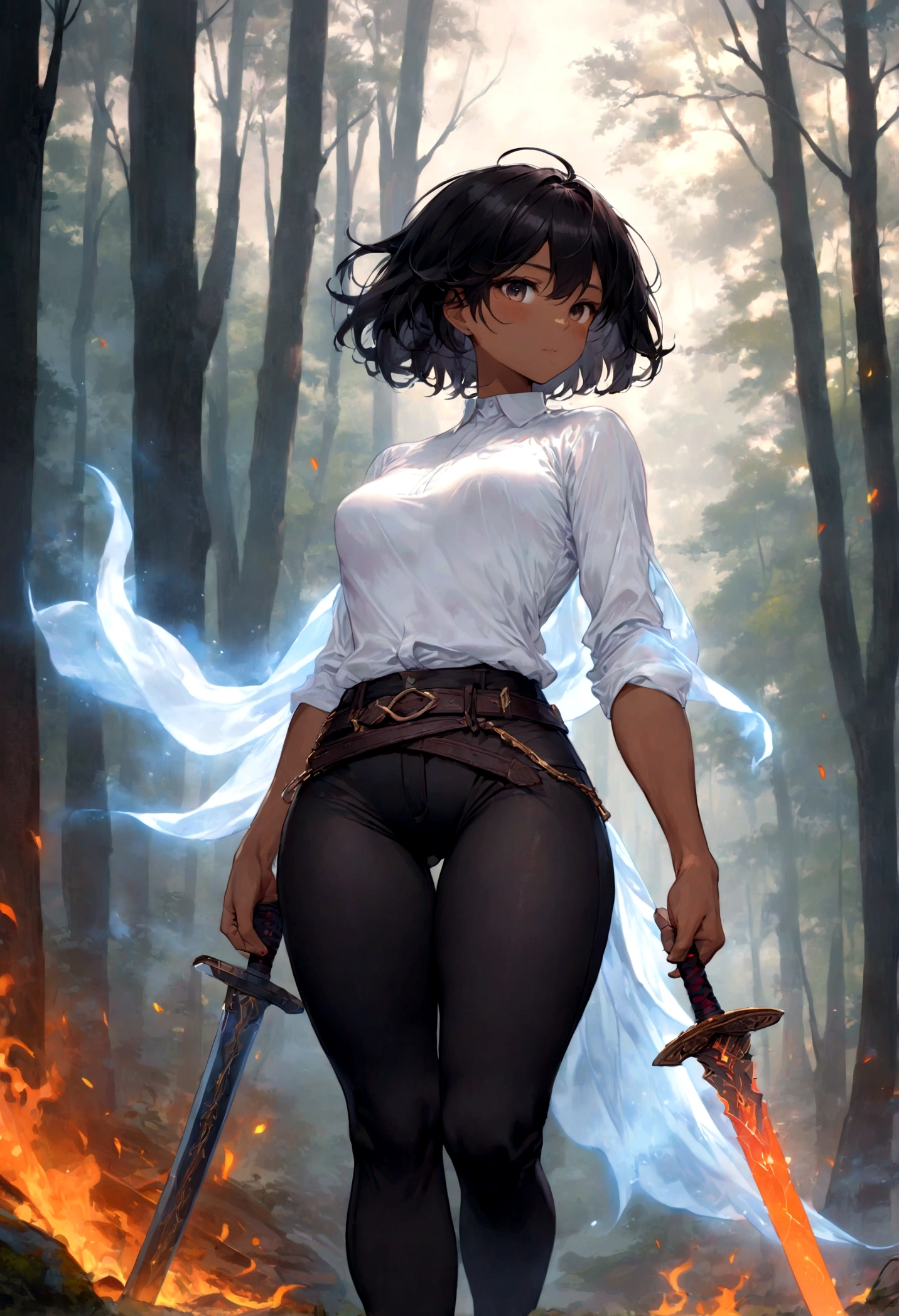 (a high resolution, perfect pixels, Brilliant image), (Best quality, ethereal: 1.4). one, Young woman, dressed in a light white shirt and dark, slightly tight trousers, A sword hangs from his belt, dark skin, big ass, athletic body, dark short hair, In the woods