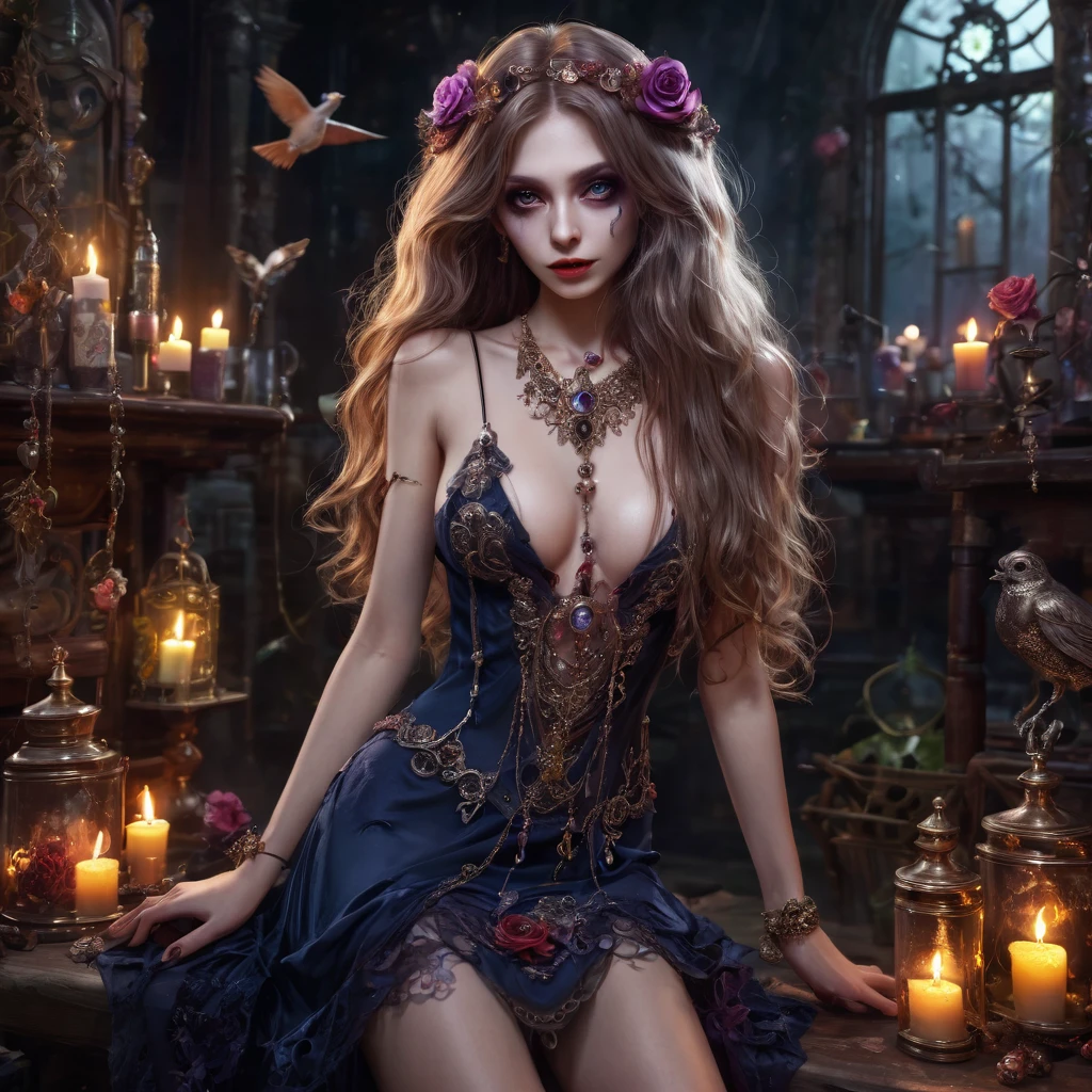 1topless zombie girl, long bloody hair, seductive eyes, mysterious expression, mature appearance, charming dress, flowing short dress, elegant jewelry, intricate decoration, magic symbols, glowing accessories, potions, scrolls, cute accents, bows, ribbons, flowers, birds, skeleton