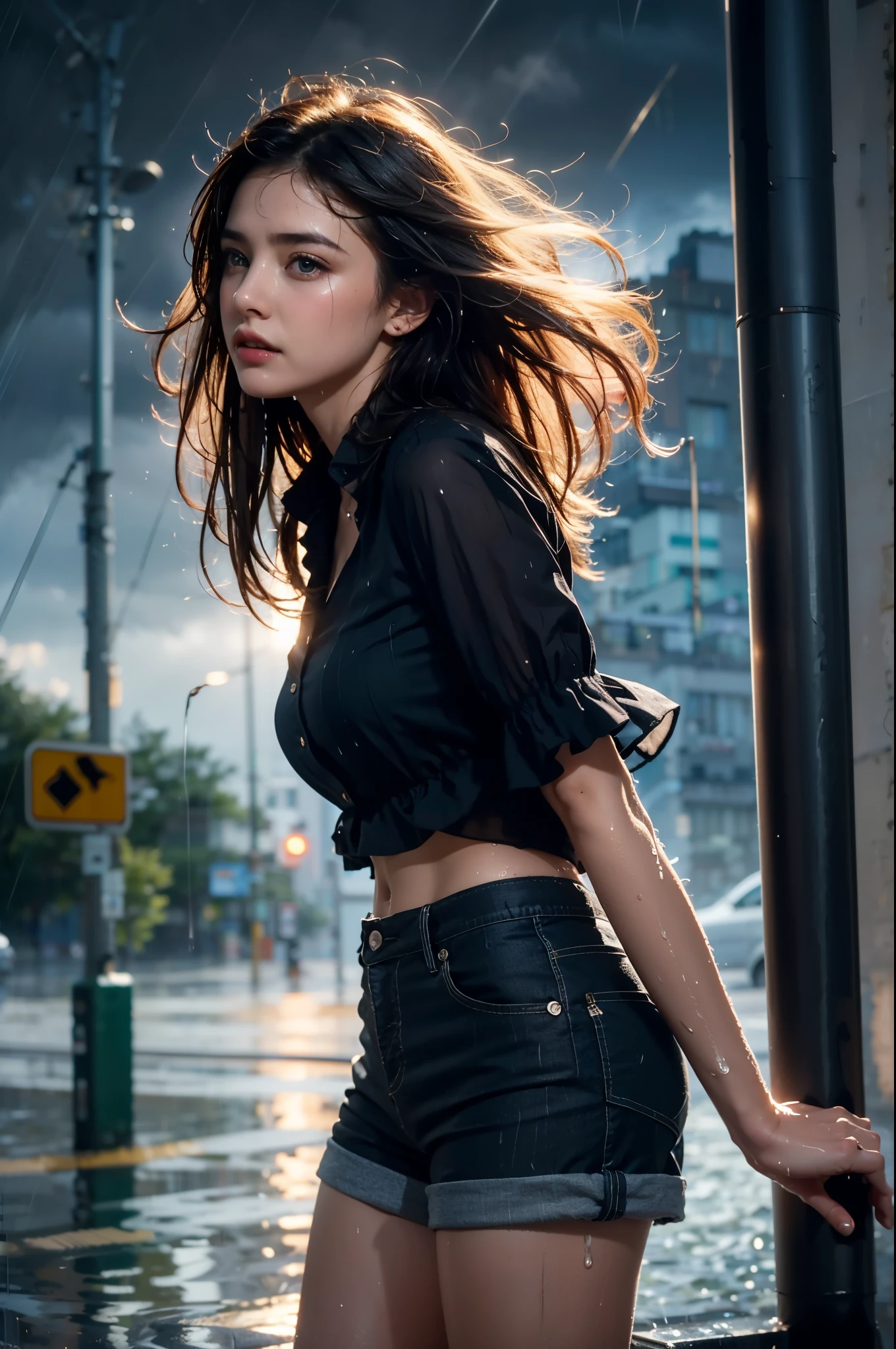 Highest quality, (photoRealistic:1.4), professional photograph, 8k, intricate composition, an extremely delicate and beautiful, ultra high res, professional cinematic lighting and shading, ((Realistic image of a pretty girl soaking wet all over, solo)), ((Stormy night)), (((Heavy rainfall))), extremely pretty girl standing on the street, (Hair flapping in the wind:1.2), dripping wet hair, parted lips, completely drenched, (((blouse and short pants are soaking wet))), (bra is faintly transparent), Perfect feminine hourglass figure, Like a dramatic scene from a movie, extremely detailed eyes and face, eyes with beautiful details, insanely detailed beautiful realistic skin texture, Accurate eyes, Accurate hands, (Well-balanced overall body)