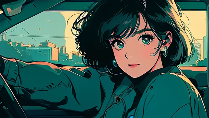 (masterpiece), highest quality, Cyan eyes, Expressive eyes, Night Sky, Cityscape, City lights, window, highlight, Dramatic Light, Calm face,Smiling、Full moon night、Short Bob、Woman in the driver's seat of a car、I am driving a car