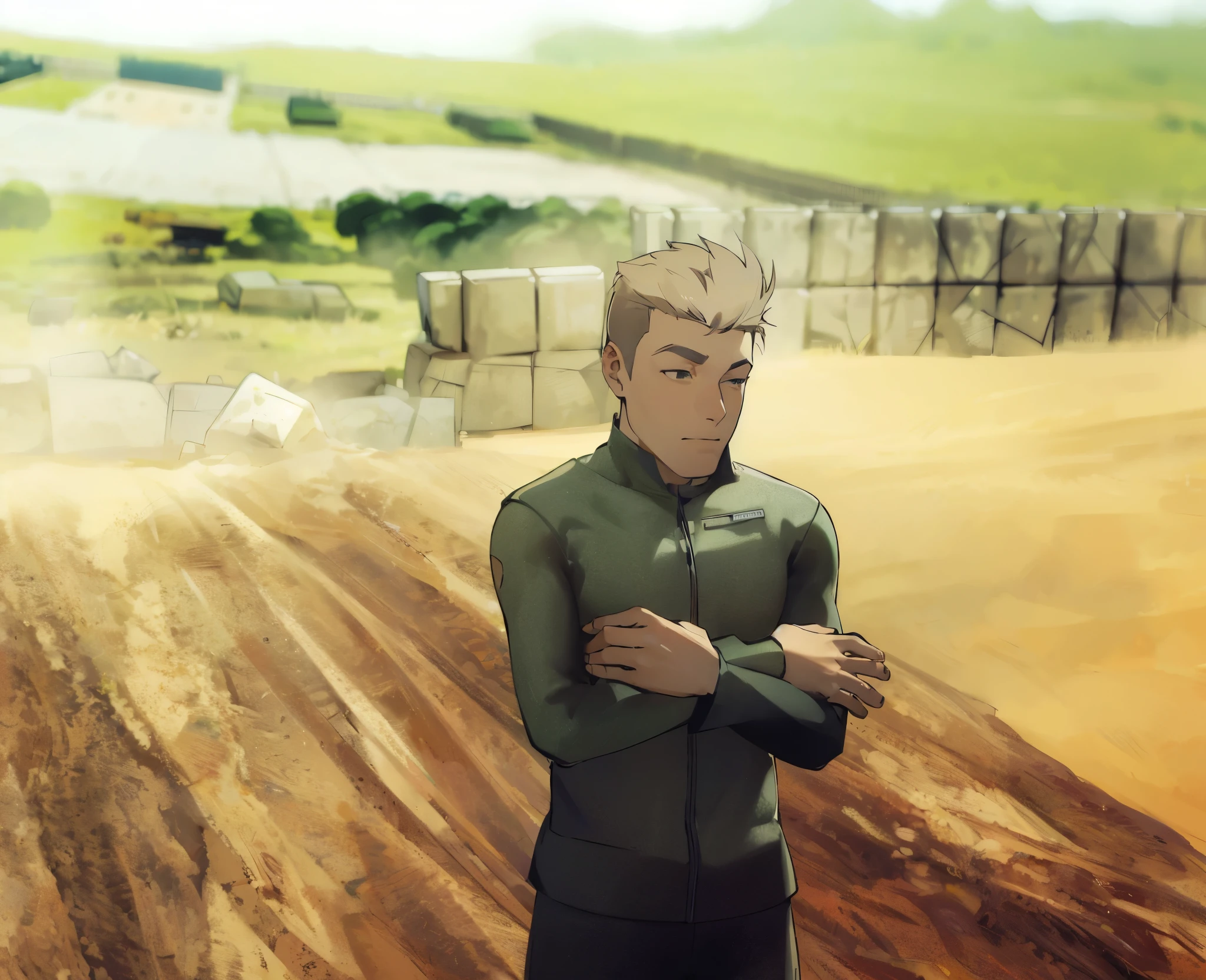 A highly detailed and ultra-realistic scene set in a military training area with a clear, sunny day. In the foreground, a young man stands with a contemplative and slightly smug expression on his face. He has short, light brown hair that is neatly styled. His eyes are closed, and his mouth is curved into a slight smile, giving him an air of confidence and self-assuredness. The lighting highlights the contours of his face, adding depth and realism.

He is wearing a dark green, zip-up tactical training uniform that fits snugly, showing his athletic build. His arms are crossed over his chest, adding to his confident demeanor. The texture of the uniform and the details of his posture are clearly visible.

In the background, the scene features a well-organized military training ground with various obstacles, green military tents, and sandbags arranged strategically. The ground is a mix of dirt and grass, with the sun casting long shadows, indicating it might be early morning or late afternoon. The overall atmosphere is one of discipline and preparation, capturing the intricate details of the young man’s facial features, his confident posture, and the well-structured military environment around him