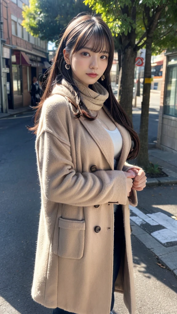 blush,random hair,big ribbon in her hair,(8k, RAW photo, highest quality, pieces fly:1.2), (reality, realistic:1.4), ,sharp focus on huge tits, written boundary depth, cinematic lighting, soft light, Details beauty eye,shiny and smooth skin, asymmetrical bangs, shiny skin, super dense skin ,High resolution, high detail, detailed hairstyle, detailed beauty face, hyper real, perfect limbs, perfect anatomy ,1 Japanese girl,famous japanese idol, perfect female body,crying a little, short eyelashes,double eyelid,look straight here,,wear a ribbon, wearing a scrunchie,wearing a long coat,street,stand up straight and face me,so that the whole body can be seen,winter,warm clothes,look straight at me,wearing a scarf,european cityscape,cobblestone road,big chest、wearing earrings