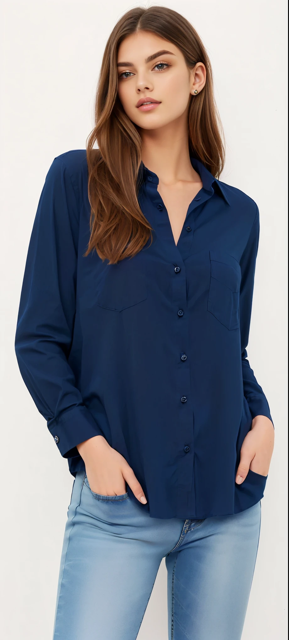 a woman wearing a blue camisa and jeans, dark blue camisa, navy camisa, blue camisa, button - up camisa, blusas largas, button up camisa, collared camisa, Vestindo uma blusa, camisa, mangas bufantes, blue tunic, velvia, wearing in camisa, centre image, wearing a dark camisa and jeans, mangas compridas, roupas azuis