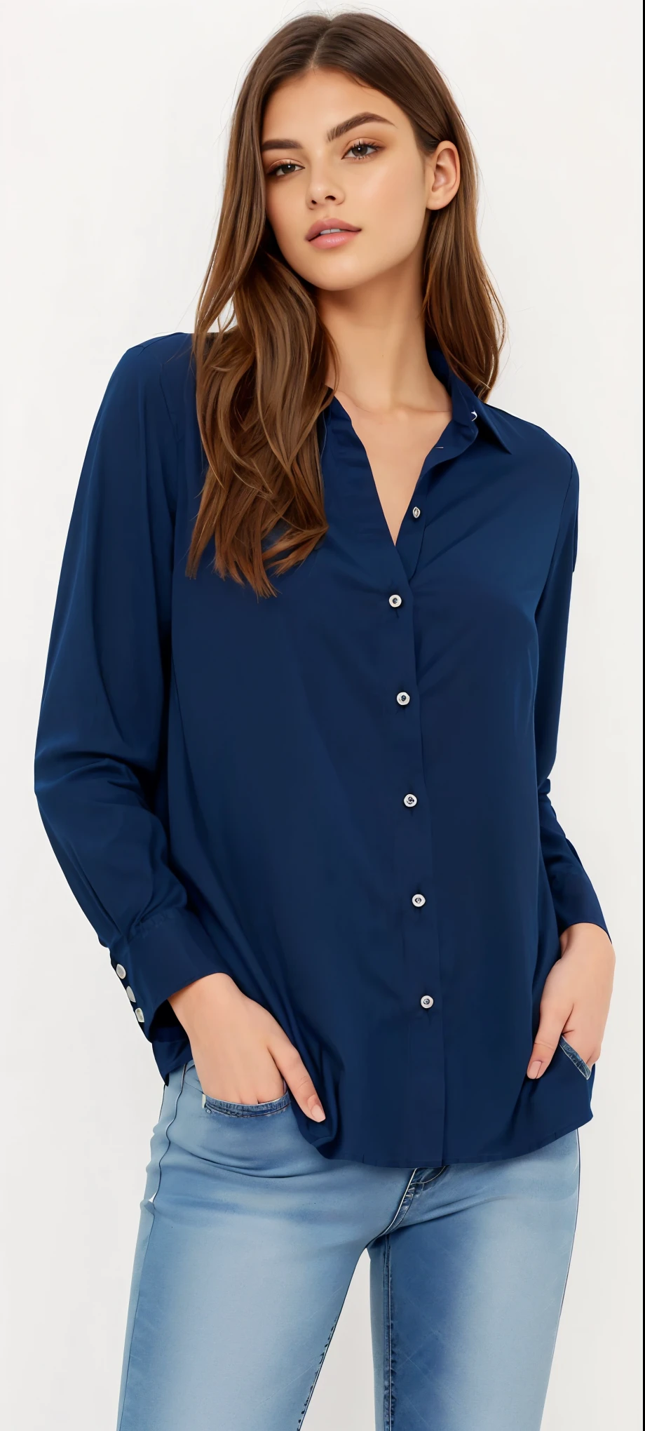 a woman wearing a blue camisa and jeans, dark blue camisa, navy camisa, blue camisa, button - up camisa, blusas largas, button up camisa, collared camisa, Vestindo uma blusa, camisa, mangas bufantes, blue tunic, velvia, wearing in camisa, centre image, wearing a dark camisa and jeans, mangas compridas, roupas azuis