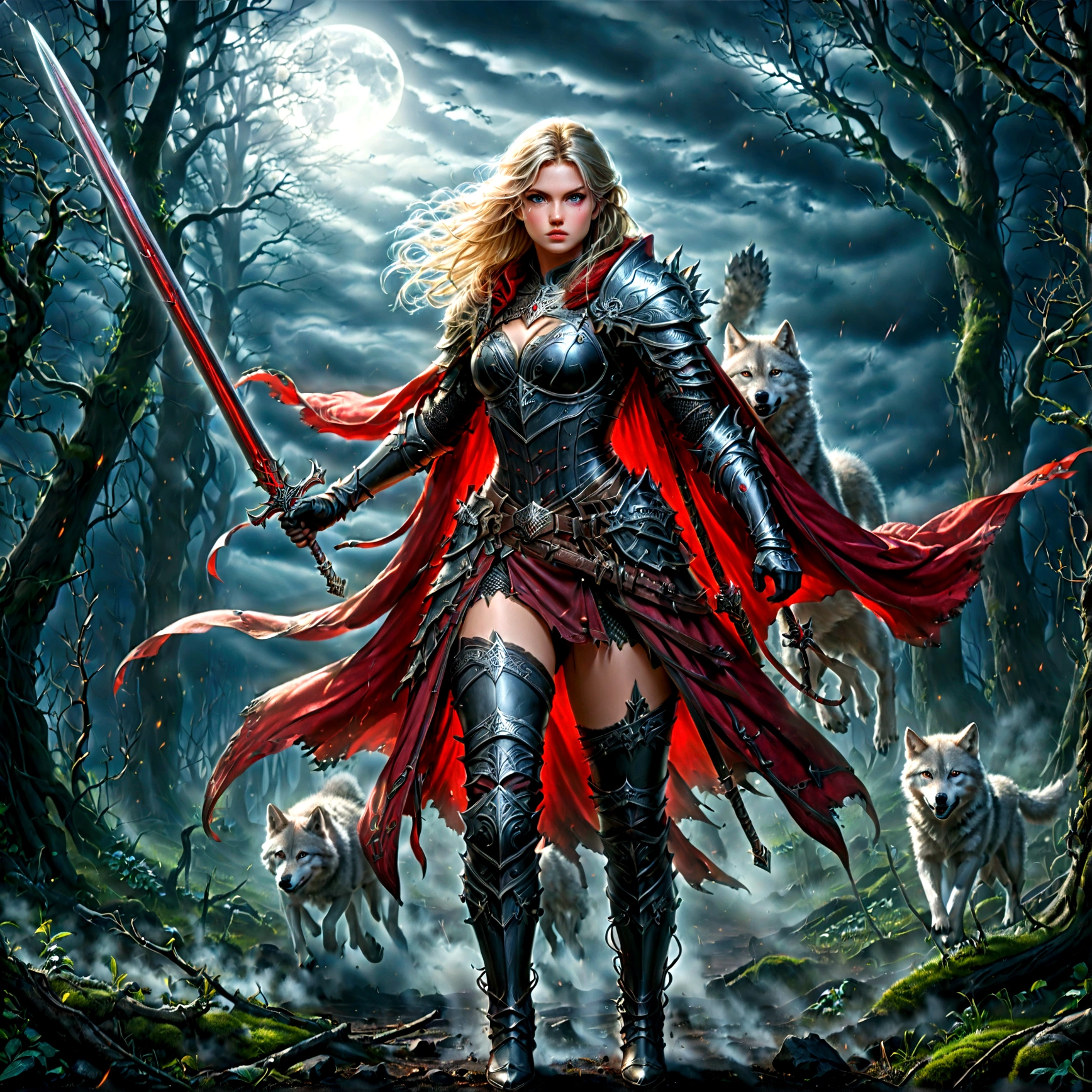 fantasy art, RPG art, Dark fantasy art, ultra wide shot, RAW, photorealistic, a picture of (1single: 1.5) female human ranger, an exquisite beautiful human woman, long blond hair, braided hair, green eyes, wearing leather armor, wearing (red cloak: 1.1), armed with a (sword: 1.3), wearing laced boots, standing in a dark forest at night, (mist rising from the grounds: 1.3), a sense of dread and fear, yet she stands defiant and fearless, there is a (single1 wolf: 1.2) companion standing by, guarding her, protecting her, dark fantasy forest background, best quality, 16k, [ultra detailed], masterpiece, best quality, (ultra detailed), full body, ultra wide shot, photorealism, Sword and shield