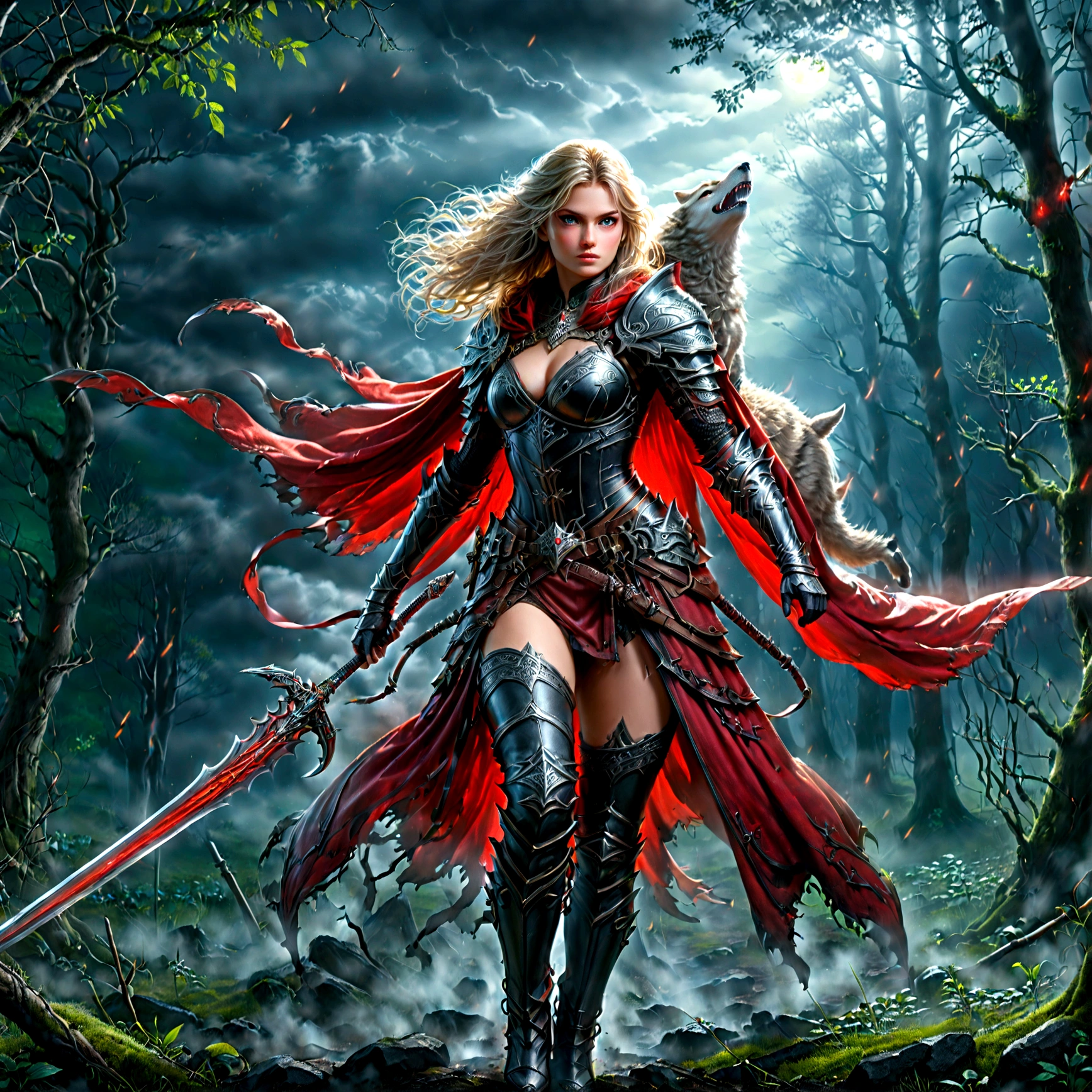 fantasy art, RPG art, Dark fantasy art, ultra wide shot, RAW, photorealistic, a picture of (1single: 1.5) female human ranger, an exquisite beautiful human woman, long blond hair, braided hair, green eyes, wearing leather armor, wearing (red cloak: 1.1), armed with a (sword: 1.3), wearing laced boots, standing in a dark forest at night, (mist rising from the grounds: 1.3), a sense of dread and fear, yet she stands defiant and fearless, there is a (single1 wolf: 1.2) companion standing by, guarding her, protecting her, dark fantasy forest background, best quality, 16k, [ultra detailed], masterpiece, best quality, (ultra detailed), full body, ultra wide shot, photorealism, Sword and shield