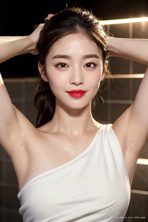((top-quality、8k、masterpiece:1.3))、1girl in、Beautiful woman showing slender armpits:1.3、pony tail hairstyle、Bath towel wrapped around body、bathroom、Super detailed face、detailedeyes、double eyelid、hairarmpits、pulling the hands up、Armpit、Wet body、Real and Detailed Skin、Realistic and detailed armpits、Armpits glowing with lights、red lipsticks、smil、realisitic