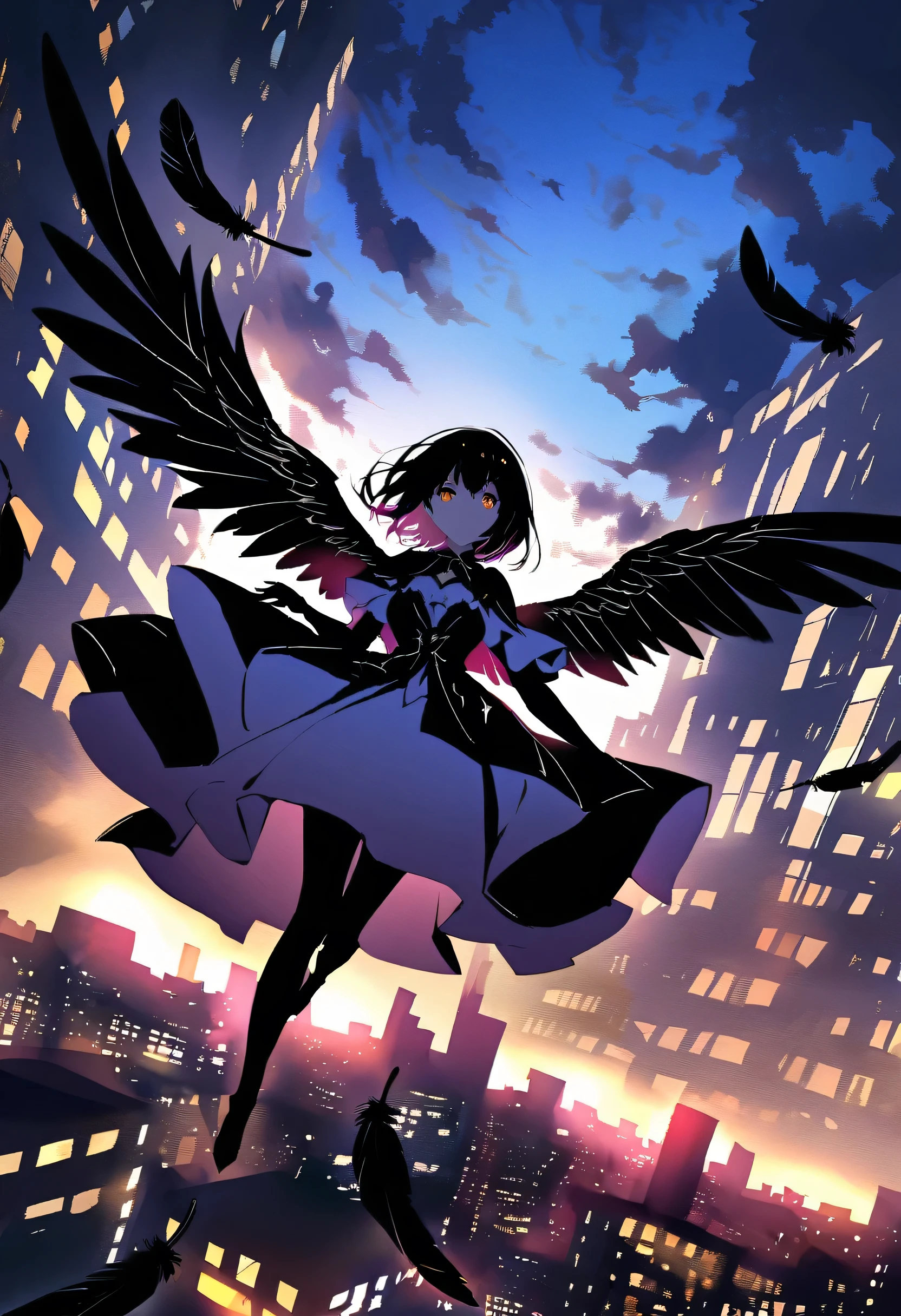 The image depicts a female angel floating above a city at night.。. The city lights shine golden、Create a dramatic atmosphere, Its delicate presence and black feathers contrast with the urban environment.。. Women seem protective and cautious.