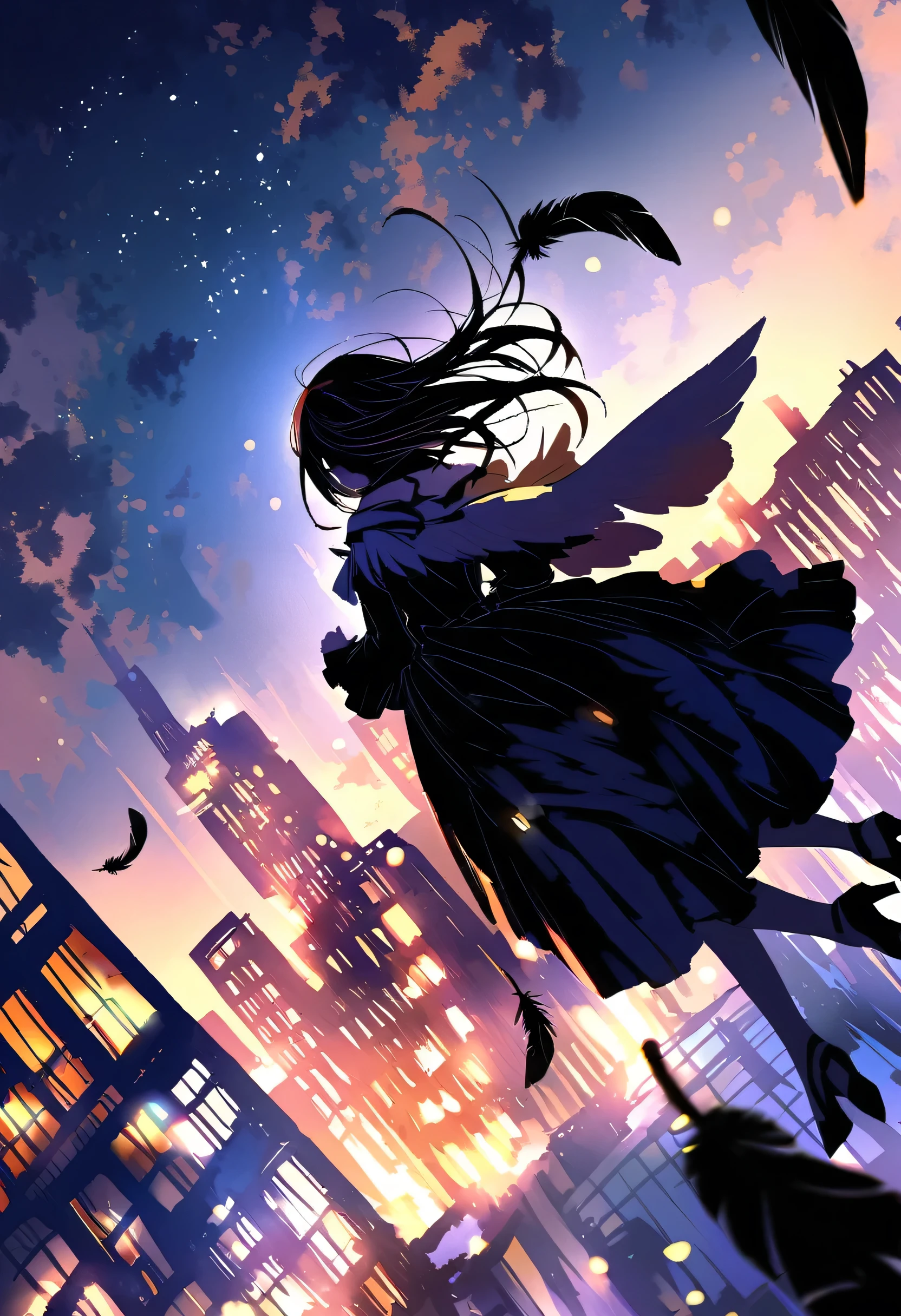 The image depicts a female angel floating above a city at night.。. The city lights shine golden、Create a dramatic atmosphere, Its delicate presence and black feathers contrast with the urban environment.。. Women seem protective and cautious.