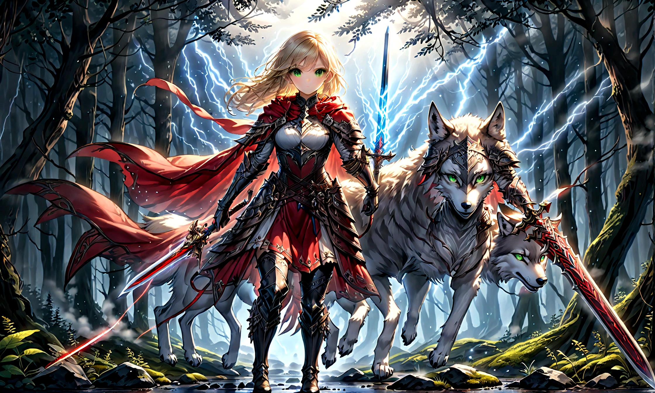 fantasy art, RPG art, Dark fantasy art, ultra wide shot, RAW, photorealistic, a picture of (1single: 1.5) female human ranger, the ranger, an exquisite beautiful human woman, long blond hair, braided hair, green eyes, wearing leather armor, wearing (red cloak: 1.1), armed with a (sword: 1.3), wearing laced boots, standing in a dark forest at night, (mist rising from the grounds: 1.3), a sense of dread and fear, yet she stands defiant and fearless, there is a (wolf: 1.2) companion standing by, guarding her, protecting her, dark fantasy forest background, best quality, 16k, [ultra detailed], masterpiece, best quality, (ultra detailed), full body, ultra wide shot, photorealism, Sword and shield, aetherpunkai