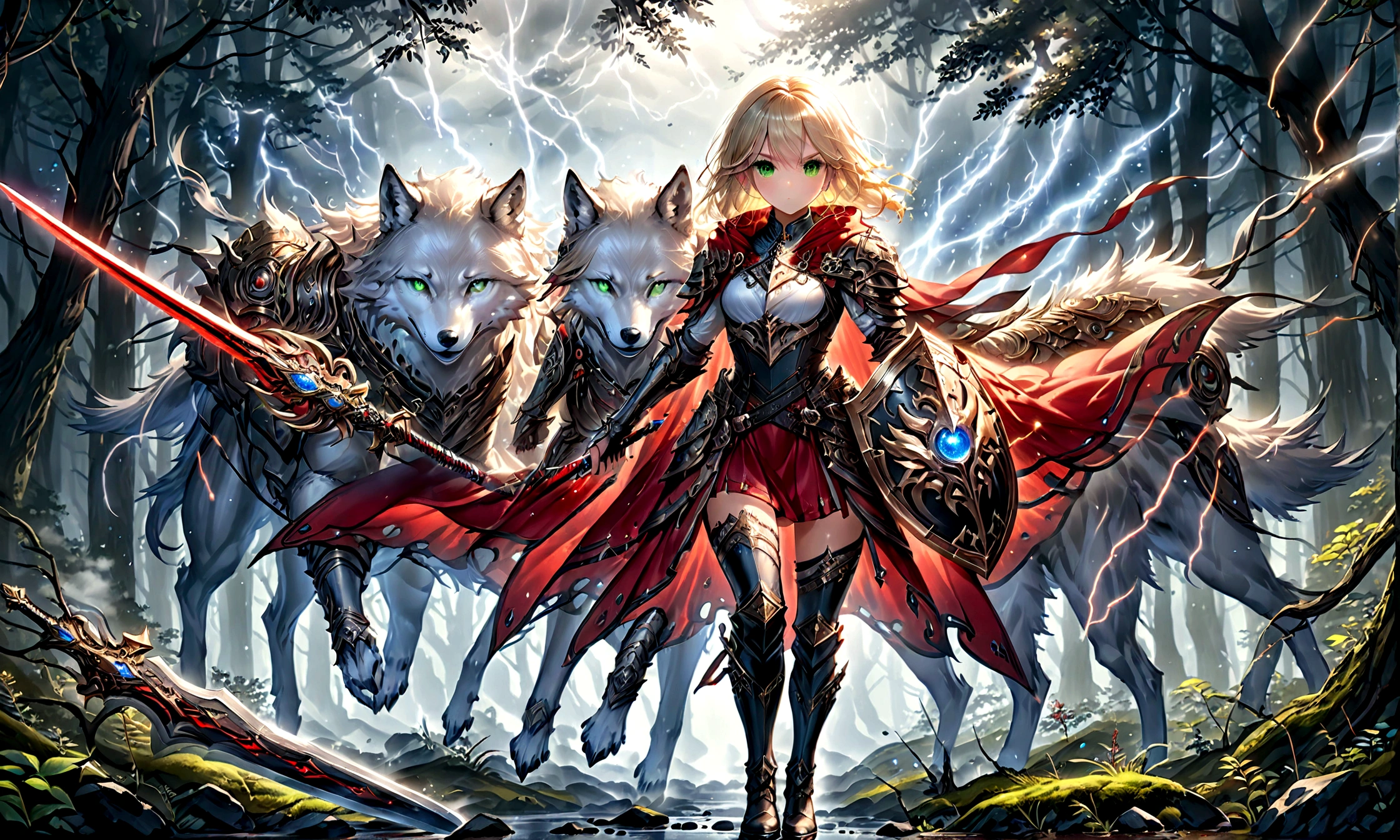 fantasy art, RPG art, Dark fantasy art, ultra wide shot, RAW, photorealistic, a picture of (1single: 1.5) female human ranger, the ranger, an exquisite beautiful human woman, long blond hair, braided hair, green eyes, wearing leather armor, wearing (red cloak: 1.1), armed with a (sword: 1.3), wearing laced boots, standing in a dark forest at night, (mist rising from the grounds: 1.3), a sense of dread and fear, yet she stands defiant and fearless, there is a (wolf: 1.2) companion standing by, guarding her, protecting her, dark fantasy forest background, best quality, 16k, [ultra detailed], masterpiece, best quality, (ultra detailed), full body, ultra wide shot, photorealism, Sword and shield, aetherpunkai