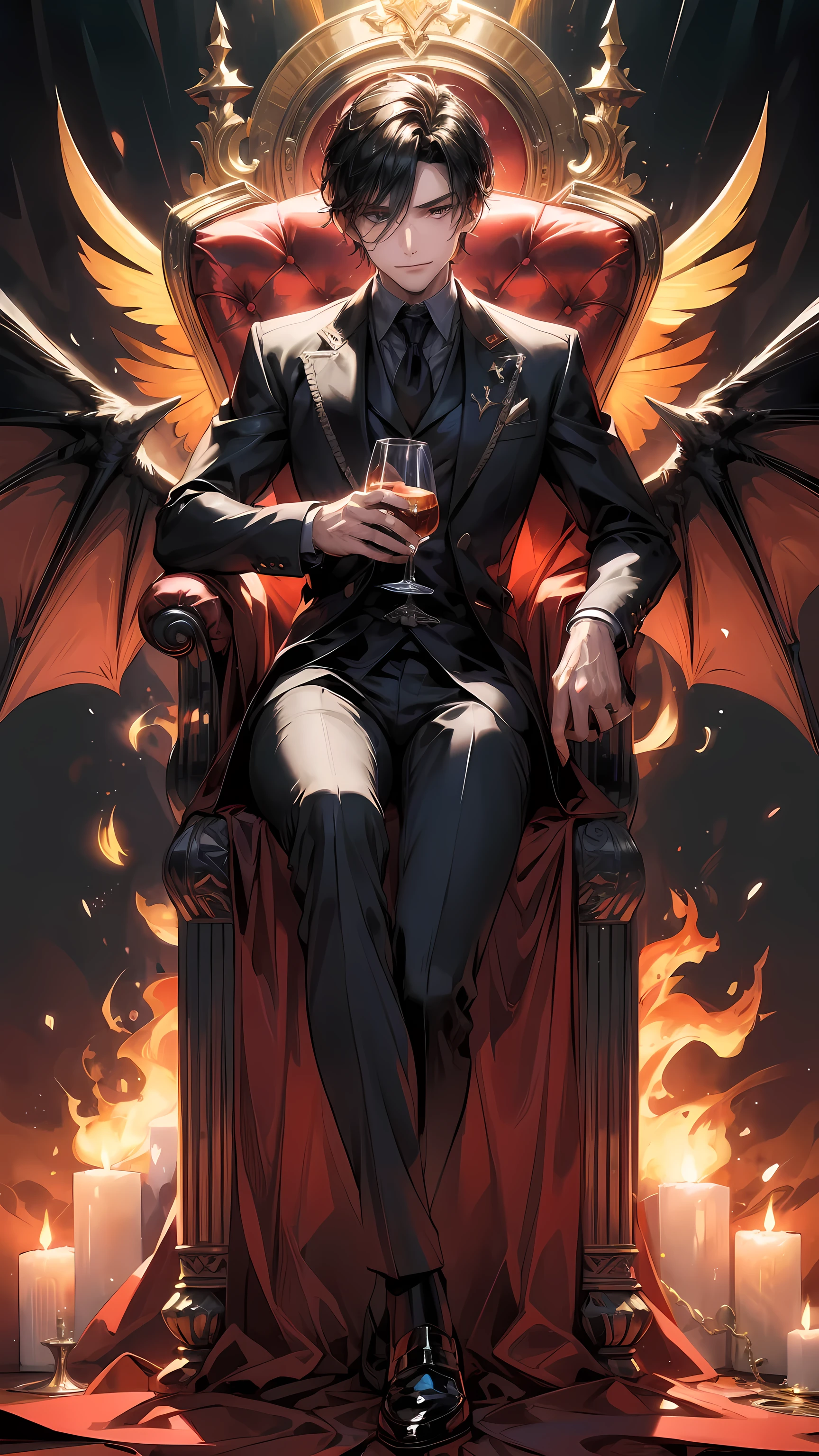 (8K, best quality, masterpiece:), Lucifer Morning Star, A dark-haired, masculine British male angel, naughty smile, Flame Wings, devil, Fallen Angel, Flames in the background, detail, Dark suit, Club theme, 1:1 Ratio, Sit on a throne and drink whiskey, detail, Practical
