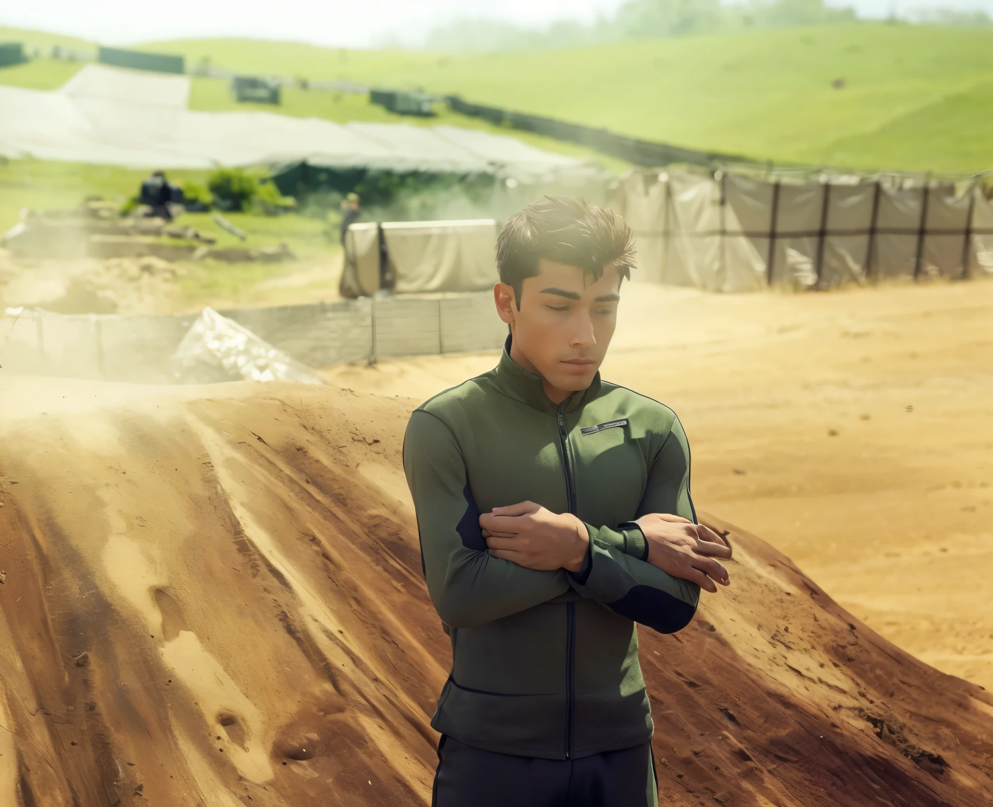 A highly detailed and ultra-realistic scene set in a military training area with a clear, sunny day. In the foreground, a young man stands with a contemplative and slightly smug expression on his face. He has short, light brown hair that is neatly styled. His eyes are closed, and his mouth is curved into a slight smile, giving him an air of confidence and self-assuredness. The lighting highlights the contours of his face, adding depth and realism.

He is wearing a dark green, zip-up tactical training uniform that fits snugly, showing his athletic build. His arms are crossed over his chest, adding to his confident demeanor. The texture of the uniform and the details of his posture are clearly visible.

In the background, the scene features a well-organized military training ground with various obstacles, green military tents, and sandbags arranged strategically. The ground is a mix of dirt and grass, with the sun casting long shadows, indicating it might be early morning or late afternoon. The overall atmosphere is one of discipline and preparation, capturing the intricate details of the young man’s facial features, his confident posture, and the well-structured military environment around him