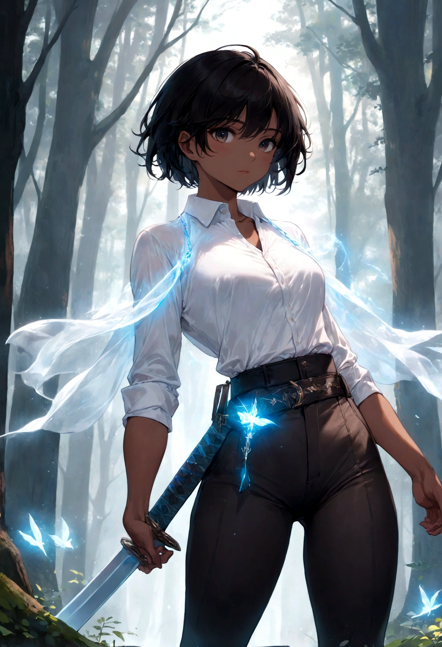 (a high resolution, perfect pixels, Brilliant image), (Best quality, ethereal: 1.4). one, Young woman, dressed in a light white shirt and dark, slightly tight trousers, A sword hangs from his belt, dark skin, big ass, athletic body, dark short hair, In the woods