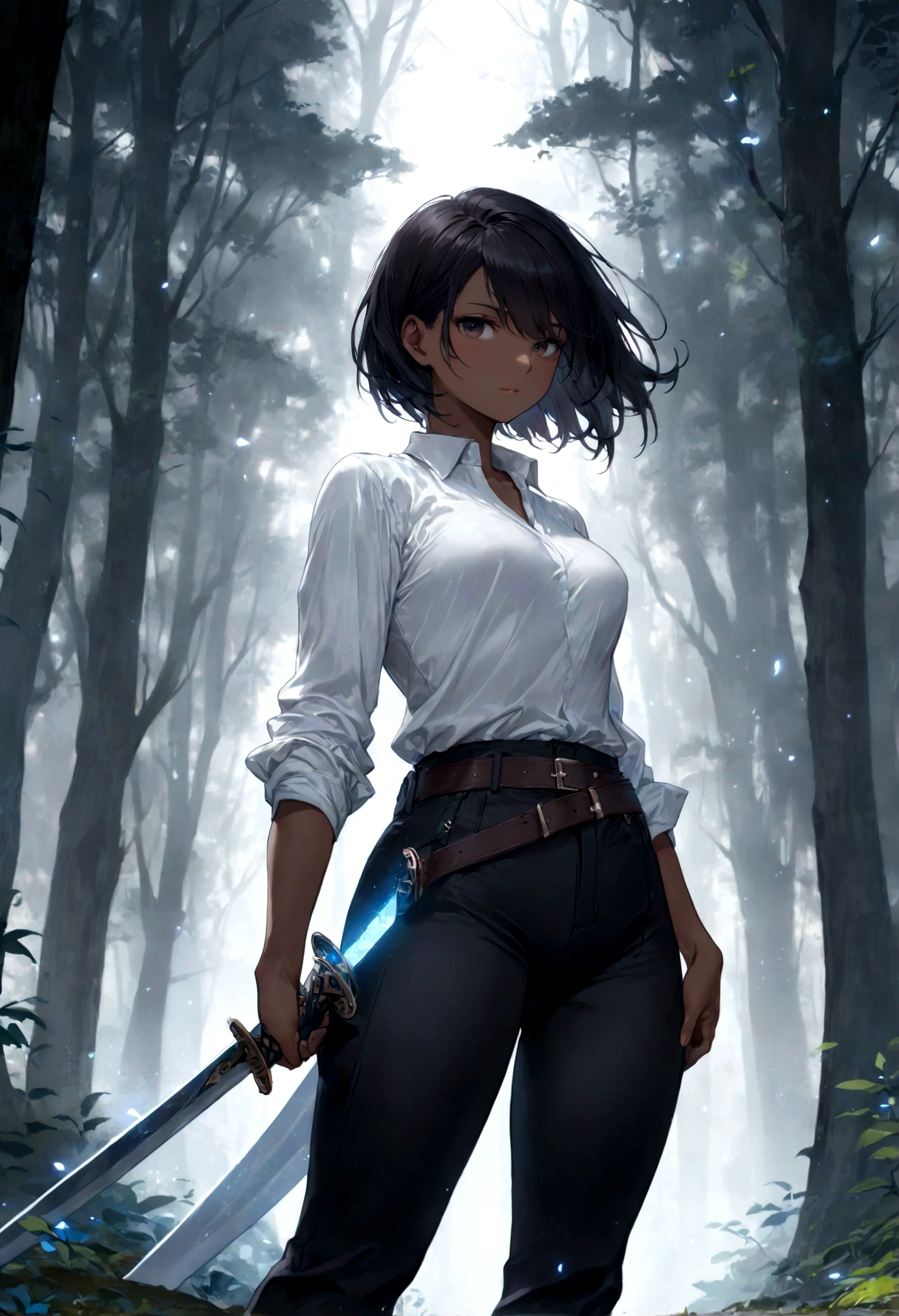 (a high resolution, perfect pixels, Brilliant image), (Best quality, ethereal: 1.4). one, Young woman, dressed in a light white shirt and dark, slightly tight trousers, A sword hangs from his belt, dark skin, big ass, athletic body, dark short hair, In the woods