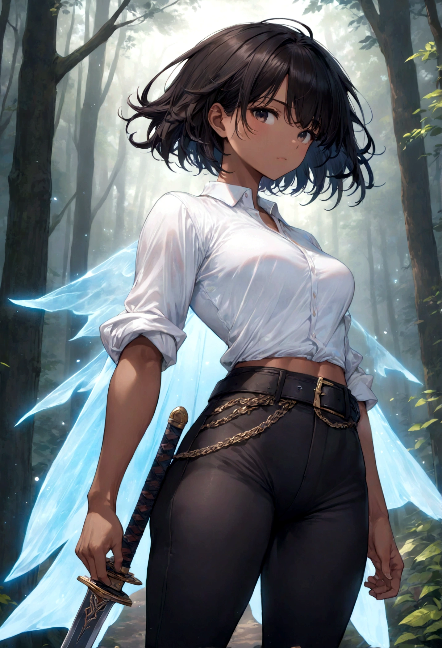 (a high resolution, perfect pixels, Brilliant image), (Best quality, ethereal: 1.4). one, Young woman, dressed in a light white shirt and dark, slightly tight trousers, A sword hangs from his belt, dark skin, big ass, athletic body, dark short hair, In the woods