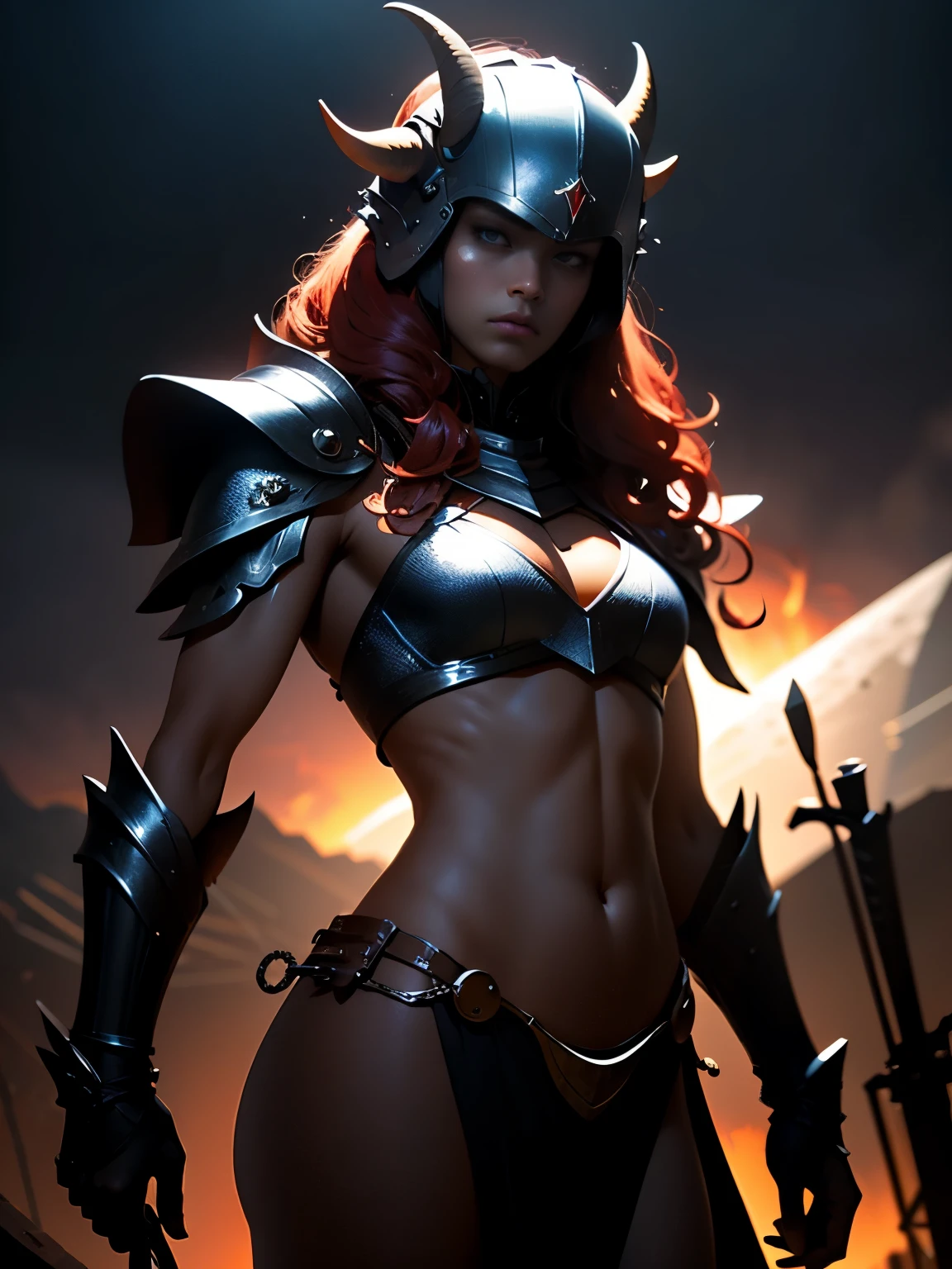 (8K, Raw photo, best quality, master piece:1.2), (Reality, photorealistic:1.3), (sharp focus)、((three-dimensional light、aura、light、bright color reflections,))、20 year old female cyberpunk gladiator、perfect body shape、Bewitching、sexy、eros、beautiful face、detailed face、Large, evenly spaced eyes、gentle smile、perfect proportions、big breasts、thin waist、navel、big ass、gap between crotches、thighs、dynamic pose、change pose、dynamic angle、Metal spiked shoulder pads、curly long hair、Red hair、Small Leather、torn t-shirt、Super wild style、Minimal dress code、The left arm has metal and intricate graphics、dark red、armor、Covered in spikes、((knee up)) 、intricate design、((correct anatomy))、(open legs:1.3)、most detailed、( tangle:1.2)、(dynamic pose)、(abstract background:1.3) 、(skin shine)、lamp light、Ink drawing and water conch、ink、((elegant posture))、(( detailed face))、((detailed eyes))、((correct move))、((Five perfect and beautiful fingers))、((Anatomically correct foot movement))、((correct anatomy))、
