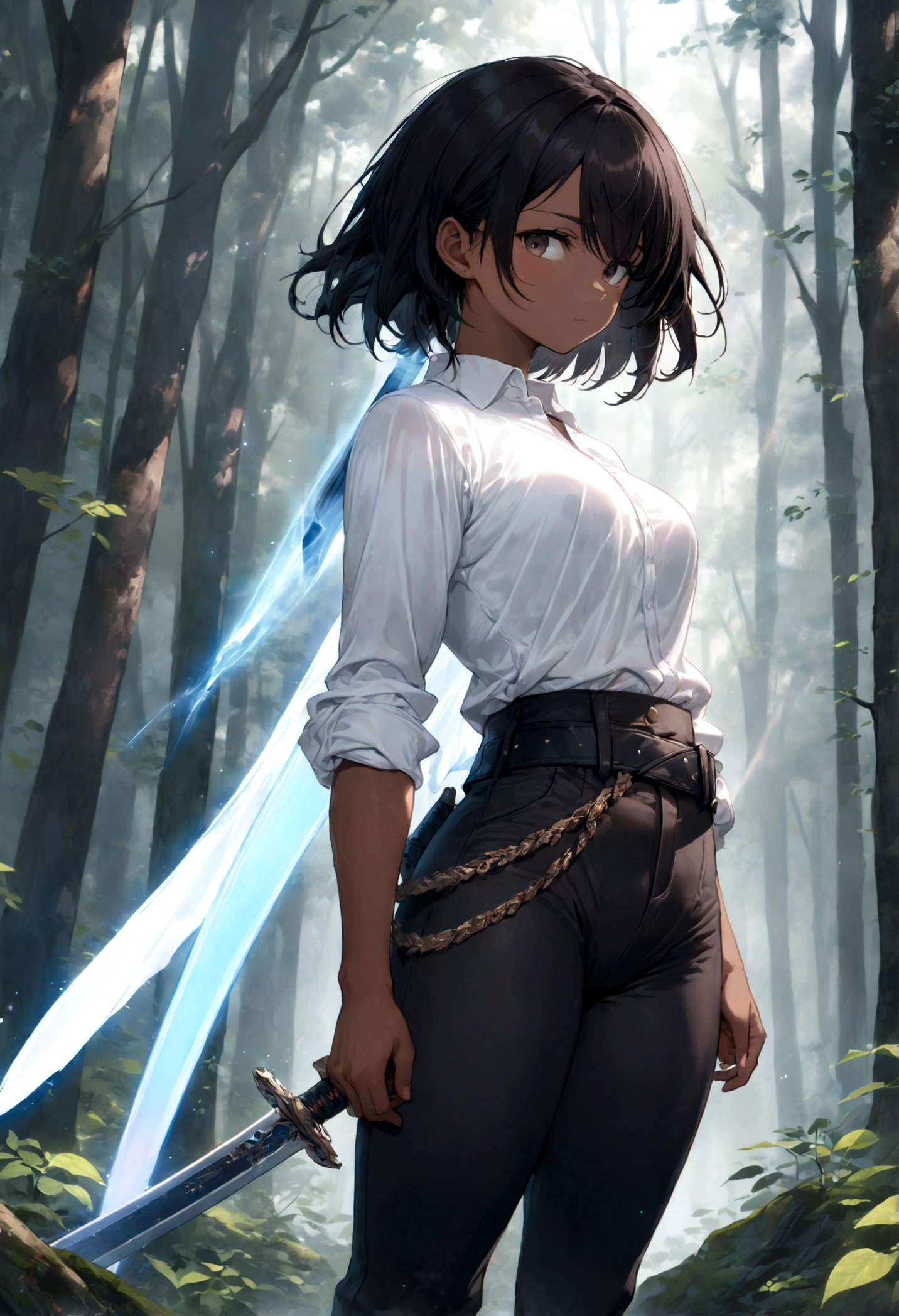 (a high resolution, perfect pixels, Brilliant image), (Best quality, ethereal: 1.4). one, Young woman, dressed in a light white shirt and dark, slightly tight trousers, A sword hangs from his belt, dark skin, big ass, athletic body, dark short hair, In the woods