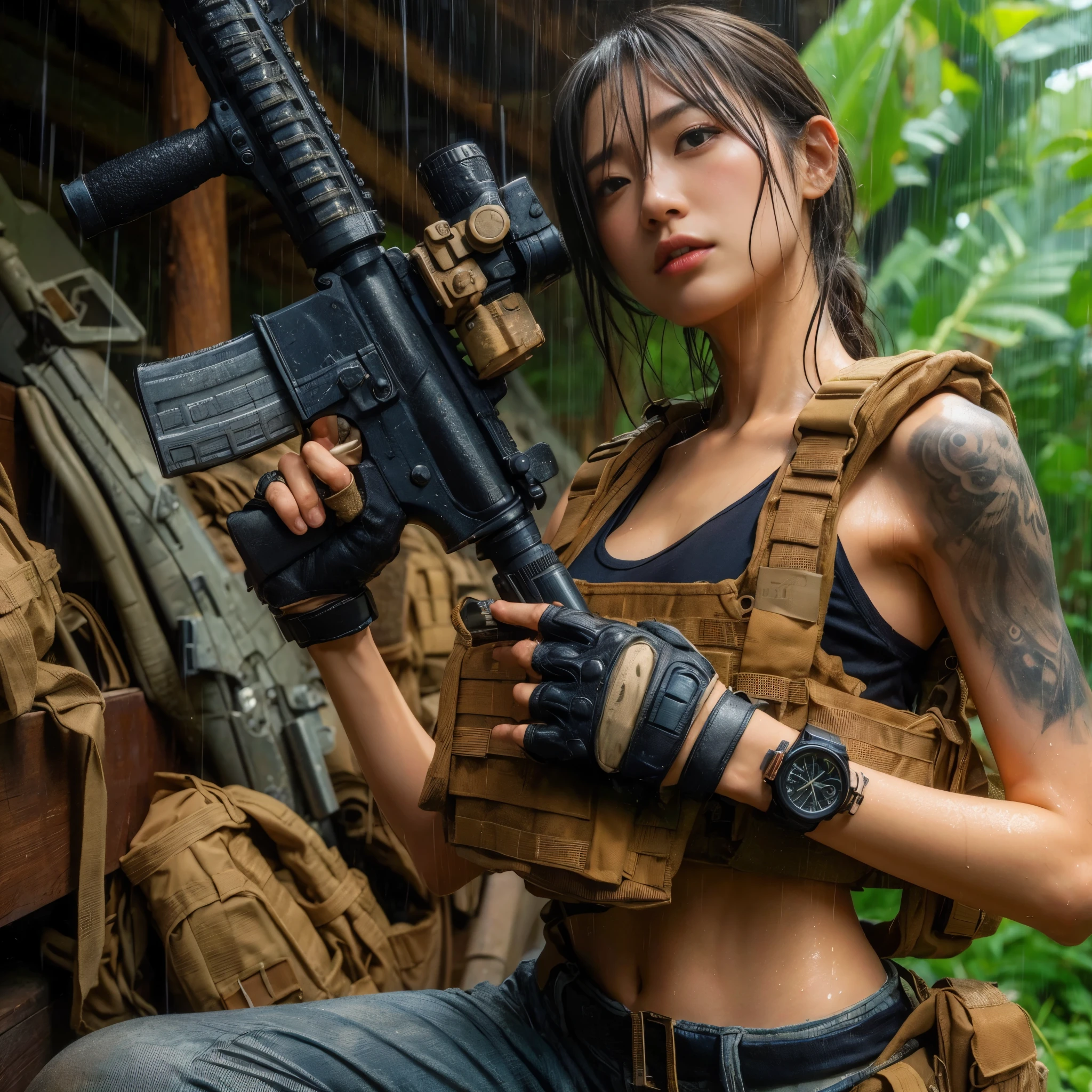 8k,Realistic Photo、Realistic Skin Texture、Superrealism、Japanese women in the US Special Forces、jungle、rifle、Meeting with teammates to confirm strategy、Vigilance、after the rain、Bulletproof vest、Watch on left arm、Tshirt、Military Pants、jungleブーツ、Tattoo、humidity、Sweat running down my face、gesture、discussion、Dynamic pose、