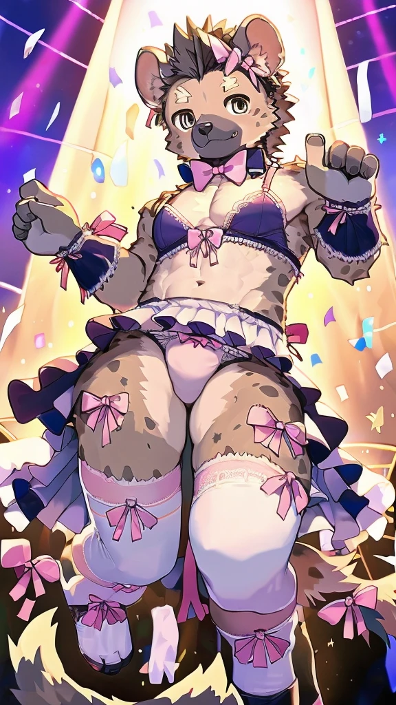 １people、juvenile、Shota、、gray spot hyena man,　Grey body、masterpiece、highest quality、Exposed light pink lace underwear、Knee-high socks、Full body illustration、garter belt、Bra with ribbon、Nightclub、Idol costume with ribbons and frills、