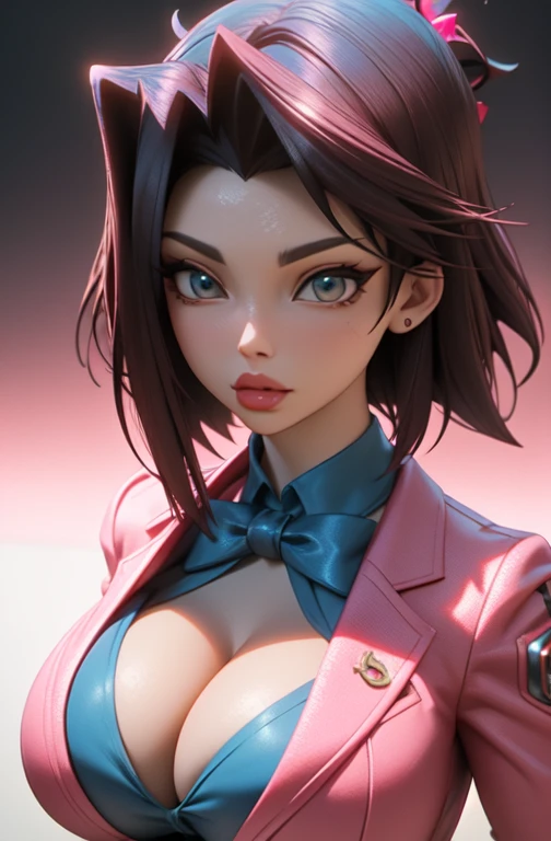 best quality,Perfect masterpiece,perfect work of art,8K,
(Upper body portrait:1.5),(Huge breasts:1.3), (((Full breasts,)))(((Large Breasts))) Expose((Cleavage)),Delicate face, lens, Slim abdominal muscles, ((Tea Gardner)), ((Anzu)), game Master,
((aletta ocean indeed)), Blue ribbon on collar, (Pink blazer), (Black Hair), (short hair), beauty and dragon,Water-light reflection,Pearl hallucination,Candy colors,Cyberpunk,fashion,3S Materials,HD,Detailed expression,3D,c4d,3D,Octane Rendering,Ray tracing,Intricate details,Animated Lighting,c4d,Osendele,8K,best quality,