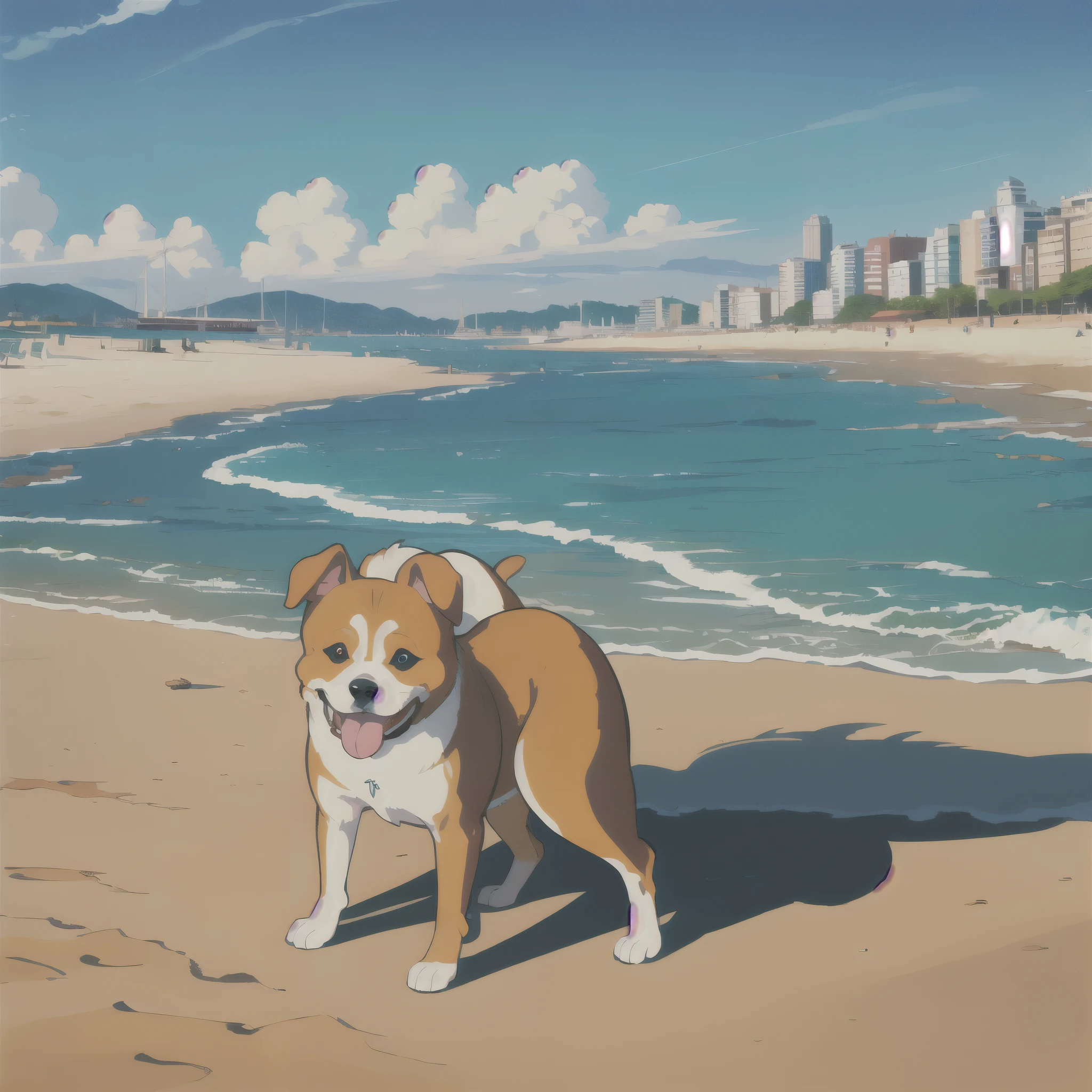 (cel_shading),
a dog is playing at beach beside the harbor,
masterpiece,best quality,