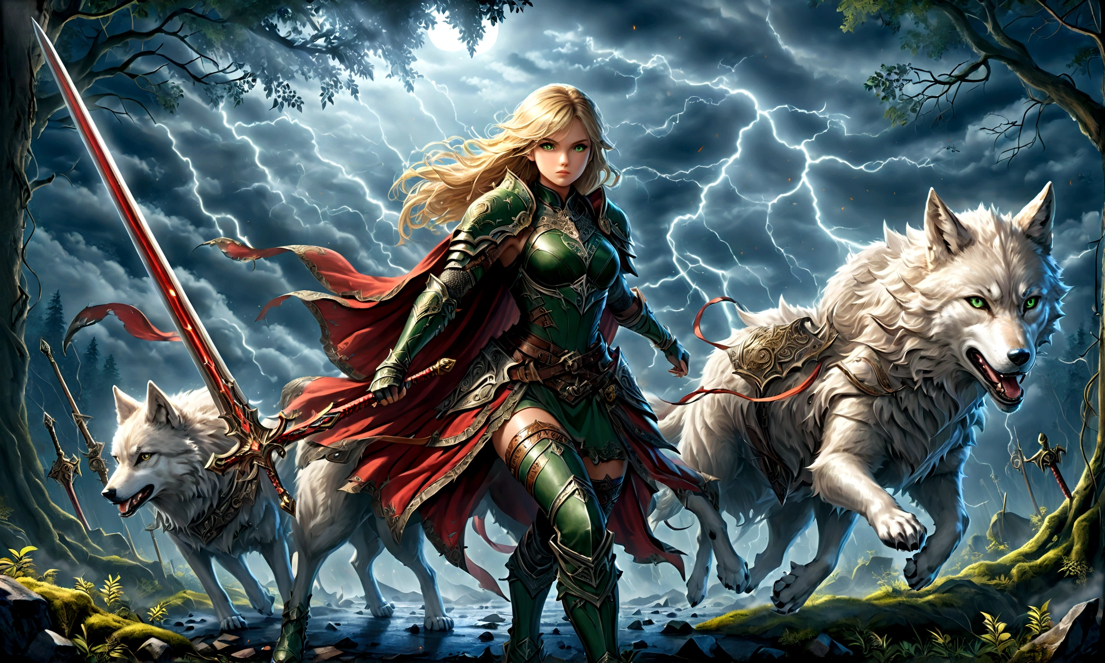 fantasy art, RPG art, Dark fantasy art, ultra wide shot, RAW, photorealistic, a picture of (1single: 1.5) female human ranger, the ranger, an exquisite beautiful human woman, long blond hair, braided hair, green eyes, wearing leather armor, wearing (red cloak: 1.1), armed with a (sword: 1.3), wearing laced boots, standing in a dark forest at night, (mist rising from the grounds: 1.3), a sense of dread and fear, yet she stands defiant and fearless, there is a (wolf: 1.2) companion standing by, guarding her, protecting her, dark fantasy forest background, best quality, 16k, [ultra detailed], masterpiece, best quality, (ultra detailed), full body, ultra wide shot, photorealism, Sword and shield, aetherpunkai