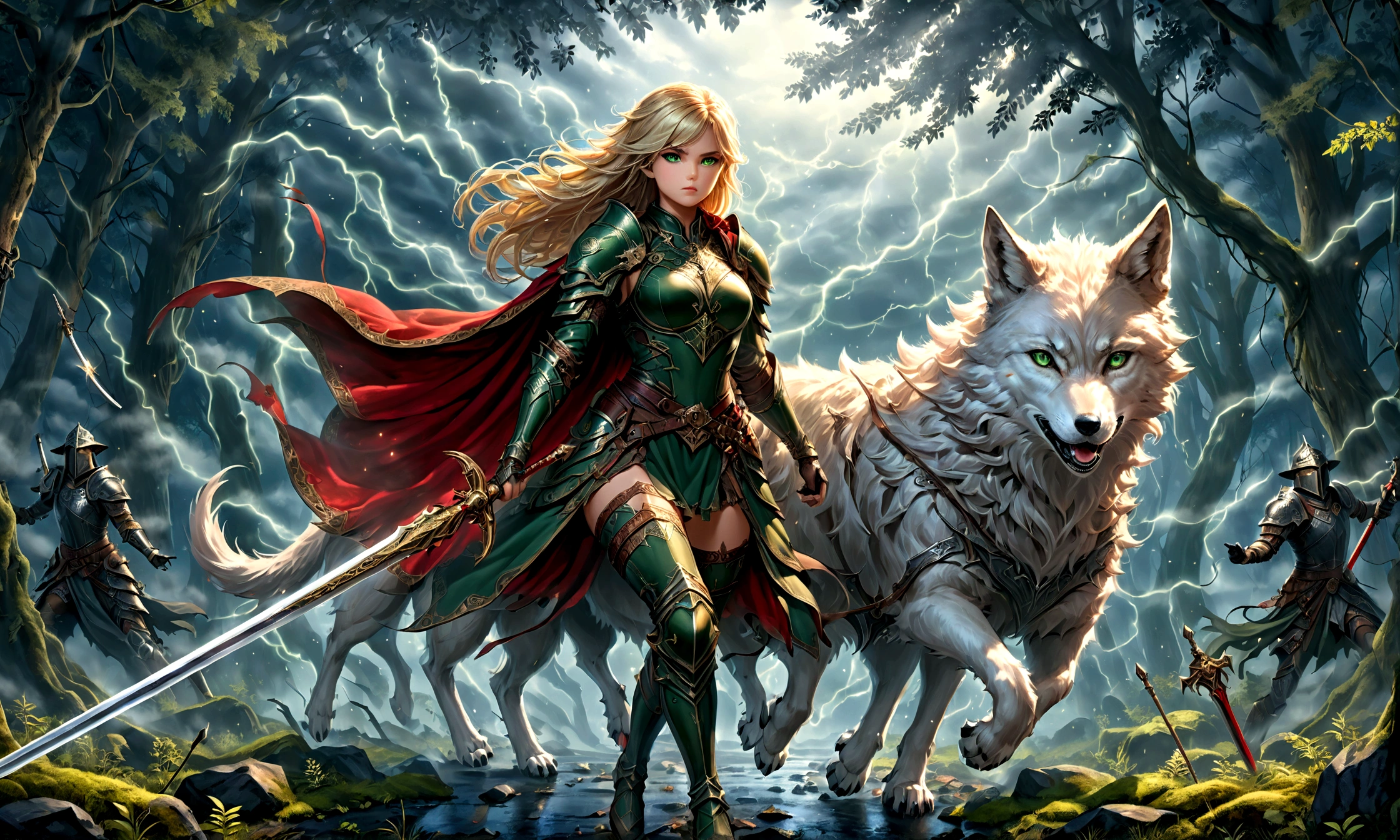 fantasy art, RPG art, Dark fantasy art, ultra wide shot, RAW, photorealistic, a picture of (1single: 1.5) female human ranger, the ranger, an exquisite beautiful human woman, long blond hair, braided hair, green eyes, wearing leather armor, wearing (red cloak: 1.1), armed with a (sword: 1.3), wearing laced boots, standing in a dark forest at night, (mist rising from the grounds: 1.3), a sense of dread and fear, yet she stands defiant and fearless, there is a (wolf: 1.2) companion standing by, guarding her, protecting her, dark fantasy forest background, best quality, 16k, [ultra detailed], masterpiece, best quality, (ultra detailed), full body, ultra wide shot, photorealism, Sword and shield, aetherpunkai