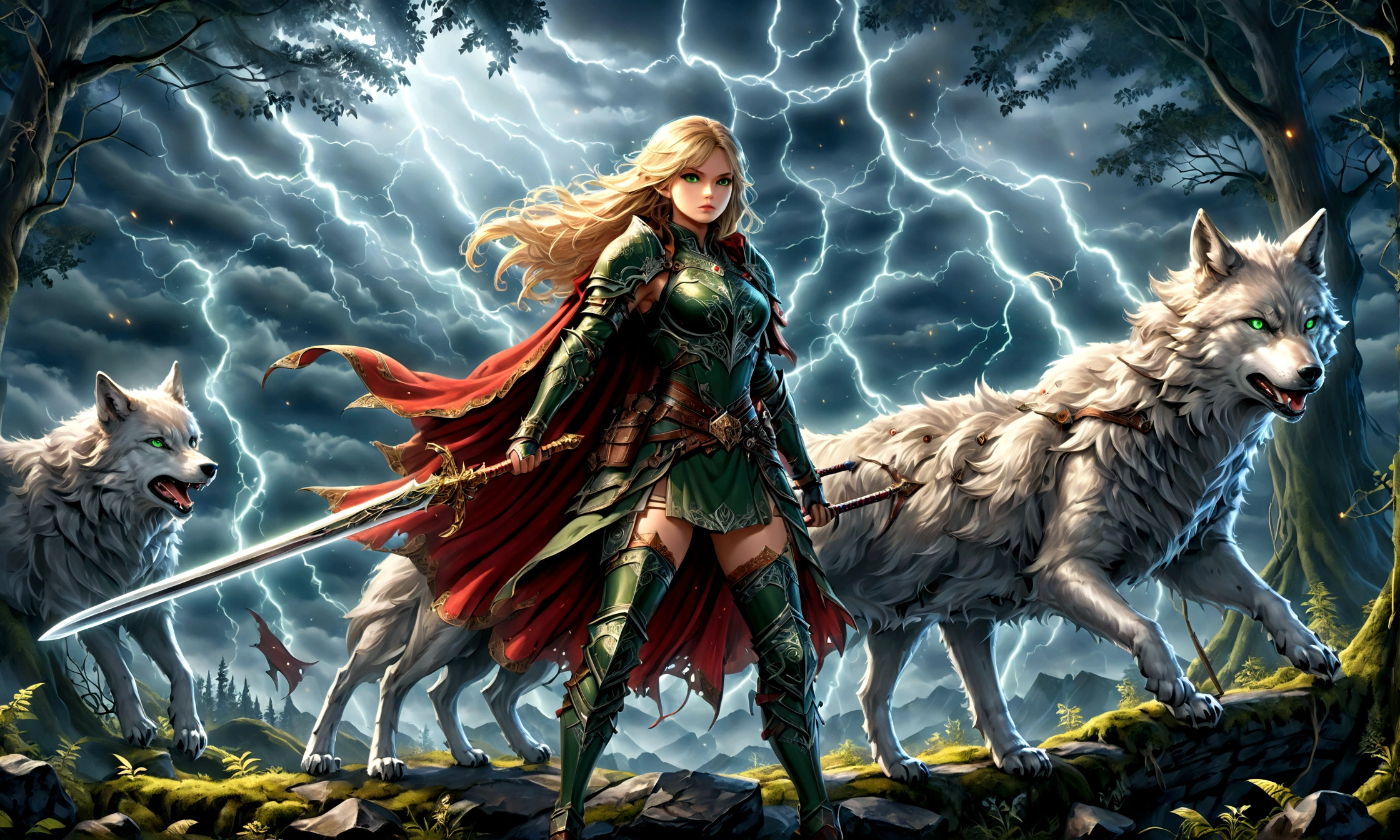 fantasy art, RPG art, Dark fantasy art, ultra wide shot, RAW, photorealistic, a picture of (1single: 1.5) female human ranger, the ranger, an exquisite beautiful human woman, long blond hair, braided hair, green eyes, wearing leather armor, wearing (red cloak: 1.1), armed with a (sword: 1.3), wearing laced boots, standing in a dark forest at night, (mist rising from the grounds: 1.3), a sense of dread and fear, yet she stands defiant and fearless, there is a (wolf: 1.2) companion standing by, guarding her, protecting her, dark fantasy forest background, best quality, 16k, [ultra detailed], masterpiece, best quality, (ultra detailed), full body, ultra wide shot, photorealism, Sword and shield, aetherpunkai