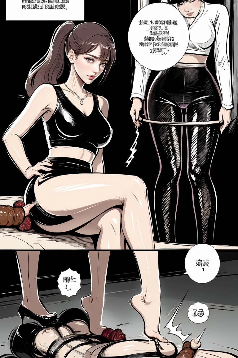 The beautiful girl in lace top and leggings is sitting astride a pile of skeletons in the center of the picture. She is holding a trembling sausage with juice squeezed out in her hand and smiling. There are multiple comic storyboards in the background,cbt, sausage bondage,sausage insertion,Sexy, trampling sausage with high heels heel,(masterpiece, best quality:1.2),1 beautiful girl,sexy,comic storyboard:2, leggings, sit astride, axially symmetrical:2, ,femdom,sounding,cbt,hold,smile,colorful,leggings,thin gap,cameltoe,insertion,trembling,juice,spray, Long hair,Lace top,Sexy, Shiny leggings, High heel,cleveage, trampling, in forest, saliva , Mucus,