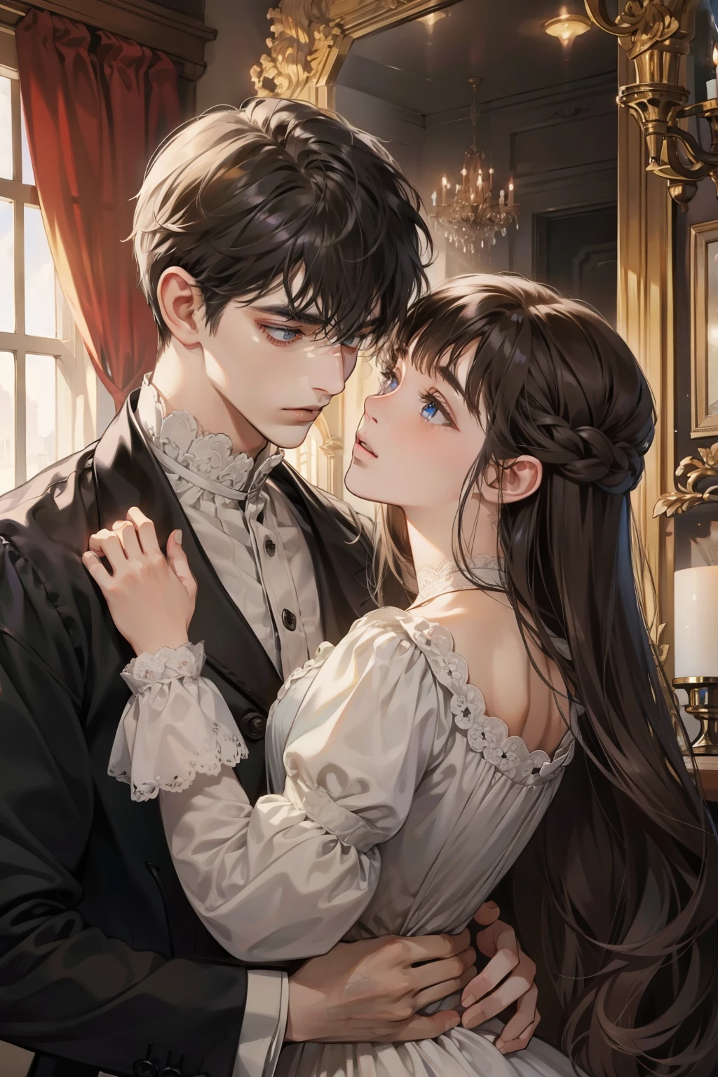 ((masterpieces)), best quality, outstanding illustration, a couple kissing, soft focus, 1 boy with short dark brown hair, 1 girl with long black front bang hair, Victorian clothes, Victorian romanticism, opulent and exquisite atmosphere, soft light and warm lighting, (girl’s eyes are purple), (boy’s eyes are grey).
