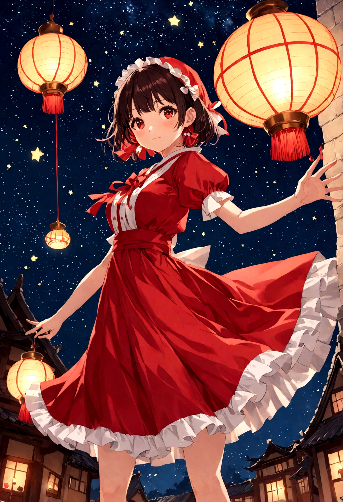 Black,bright characters,Reimu Hakurei,Clear,Red Eyes,short hair,Reimu Hakurei,bright characters,charming,Exploding clothes illustration,Clear,Night Sky,lamp,Many bright stars,A lot of meteors,Red Eyes,Two Dimensions,top quality, masterpiece,Moderate hair accessories, Black and red mixed clothing,