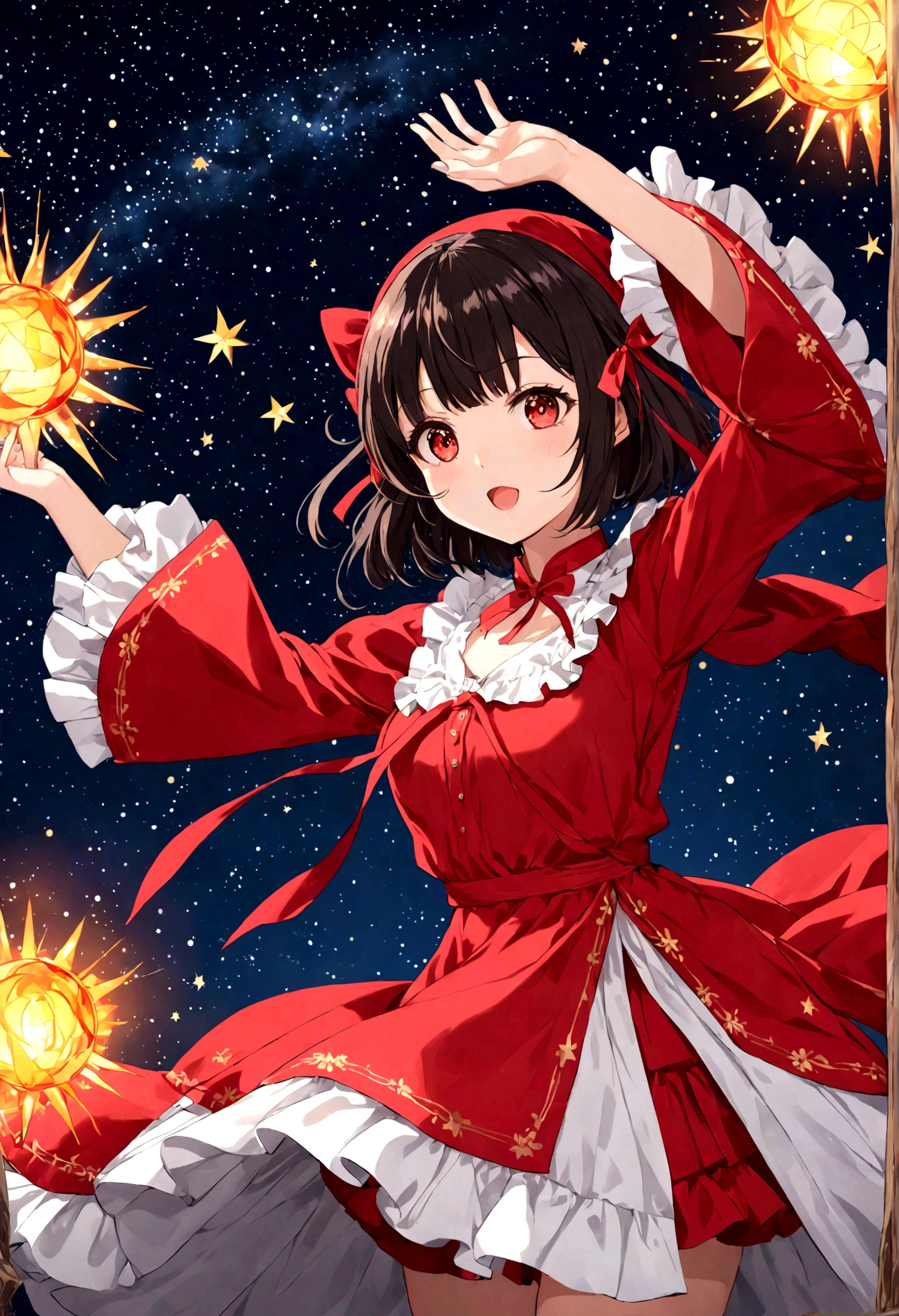 Black,bright characters,Reimu Hakurei,Clear,Red Eyes,short hair,Reimu Hakurei,bright characters,charming,Exploding clothes illustration,Clear,Night Sky,lamp,Many bright stars,A lot of meteors,Red Eyes,Two Dimensions,top quality, masterpiece,Moderate hair accessories, Black and red mixed clothing,