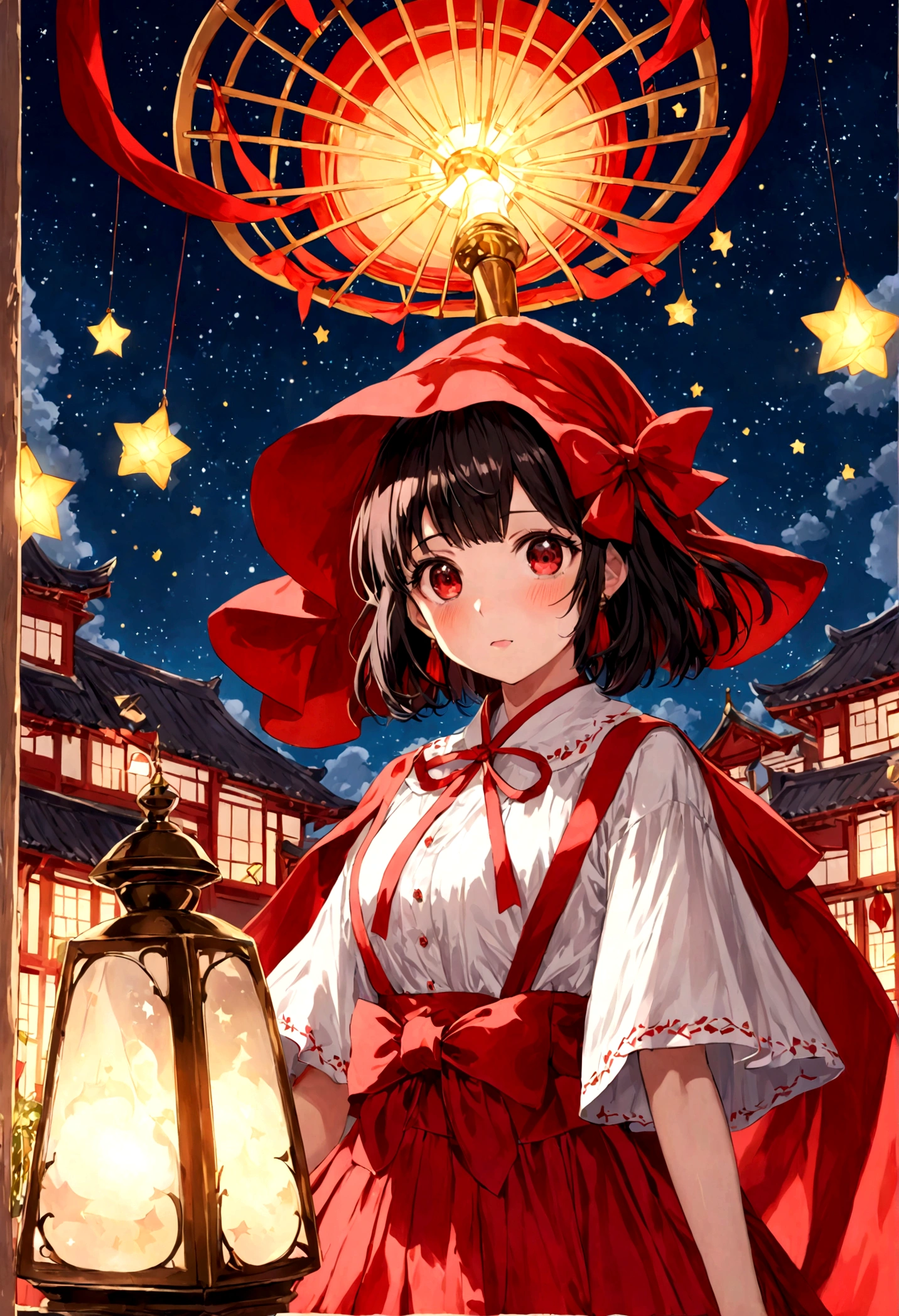 Black,bright characters,Reimu Hakurei,Clear,Red Eyes,short hair,Reimu Hakurei,bright characters,charming,Exploding clothes illustration,Clear,Night Sky,lamp,Many bright stars,A lot of meteors,Red Eyes,Two Dimensions,top quality, masterpiece,Moderate hair accessories, Black and red mixed clothing,