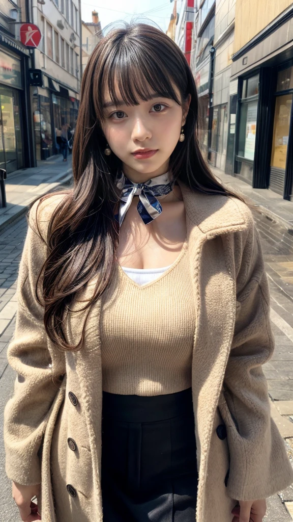 blush,random hair,big ribbon in her hair,(8k, RAW photo, highest quality, pieces fly:1.2), (reality, realistic:1.4), ,sharp focus on huge tits, written boundary depth, cinematic lighting, soft light, Details beauty eye,shiny and smooth skin, asymmetrical bangs, shiny skin, super dense skin ,High resolution, high detail, detailed hairstyle, detailed beauty face, hyper real, perfect limbs, perfect anatomy ,1 Japanese girl,famous japanese idol, perfect female body,crying a little, short eyelashes,double eyelid,look straight here,,wear a ribbon, wearing a scrunchie,wearing a long coat,street,stand up straight and face me,so that the whole body can be seen,winter,warm clothes,look straight at me,wearing a scarf,european cityscape,cobblestone road,big chest、wearing earrings