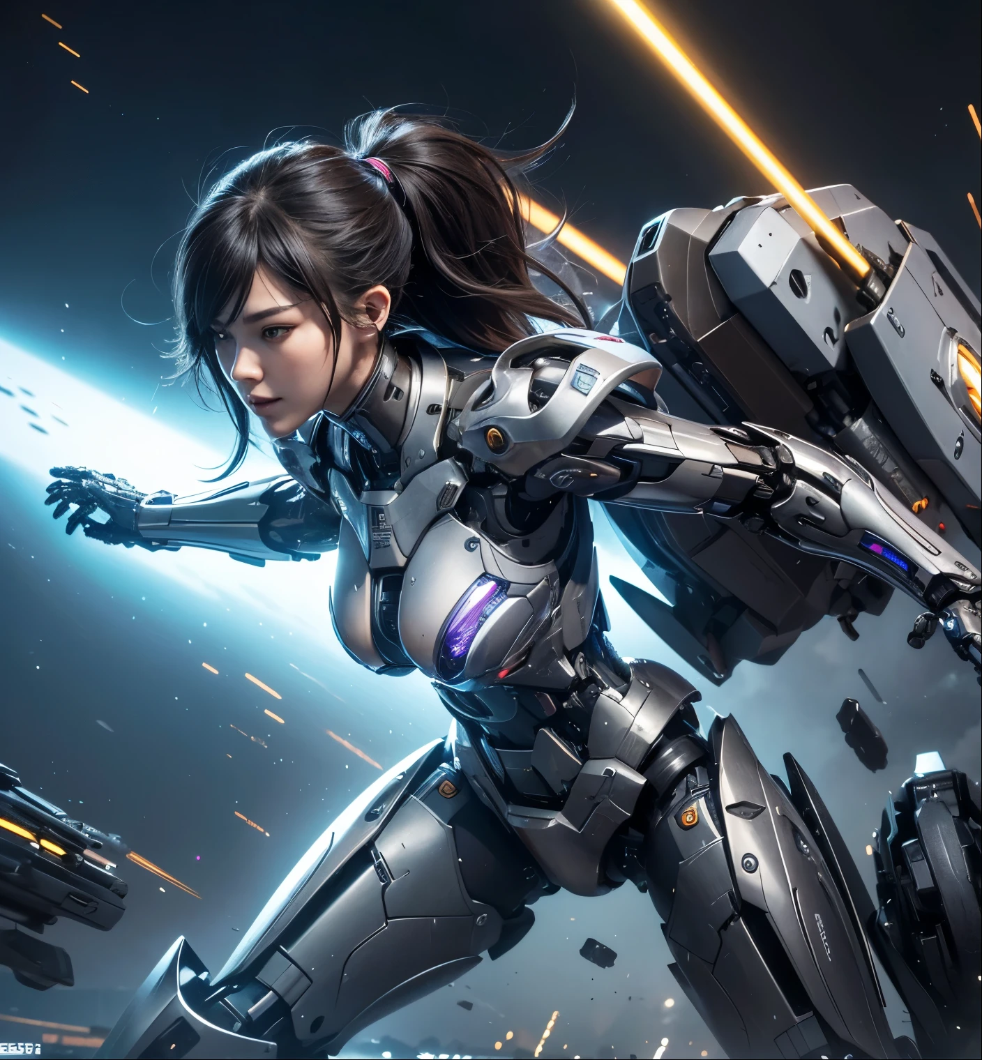 Textured skin, Super Detail, high details, High quality, Best Quality, hight resolution, 1080p, hard disk, Beautiful,(cyborg girl),Oppai Missile,beautiful cyborg woman,Mecha Cyborg Girl,Battle Mode,Girl with a Mecha Body,She wears a battle cyborg mech with a weapon,Fulll body Shot,A powerful cyborg woman, sleek and futuristic, with advanced mechanical augmentations that enhance her strength and capabilities, but without any overtly aggressive or violent elements
