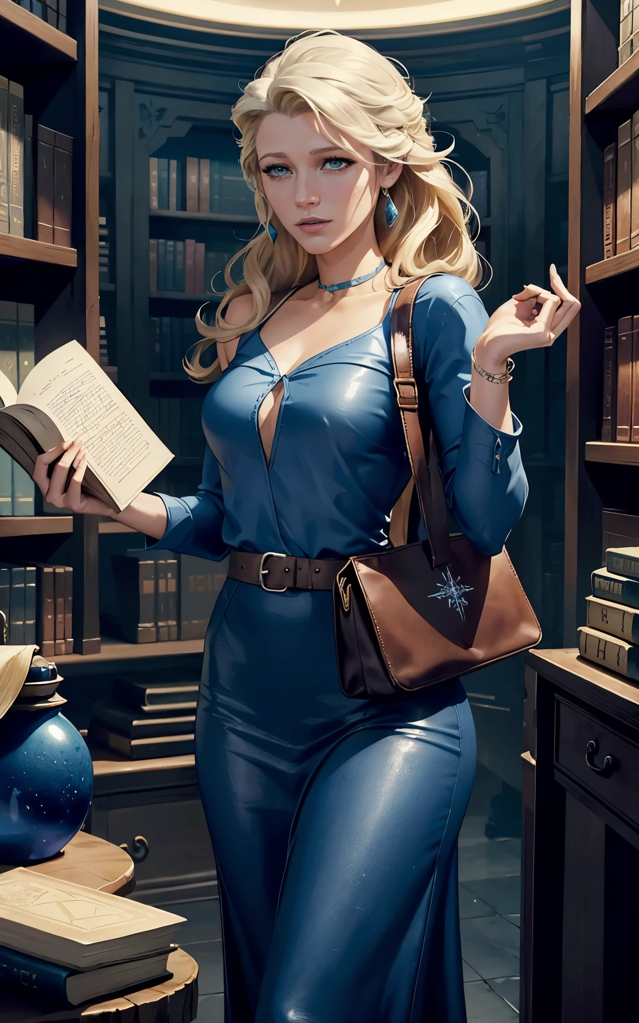 (Blake Lively:Elsa Pataky) is a librarian grabbing a book with strange symbols in the cover, (leather tote bag) . ((Blue shirt with white neck)) , Lovecraft atmosphere, 1920 style, masterpiece.