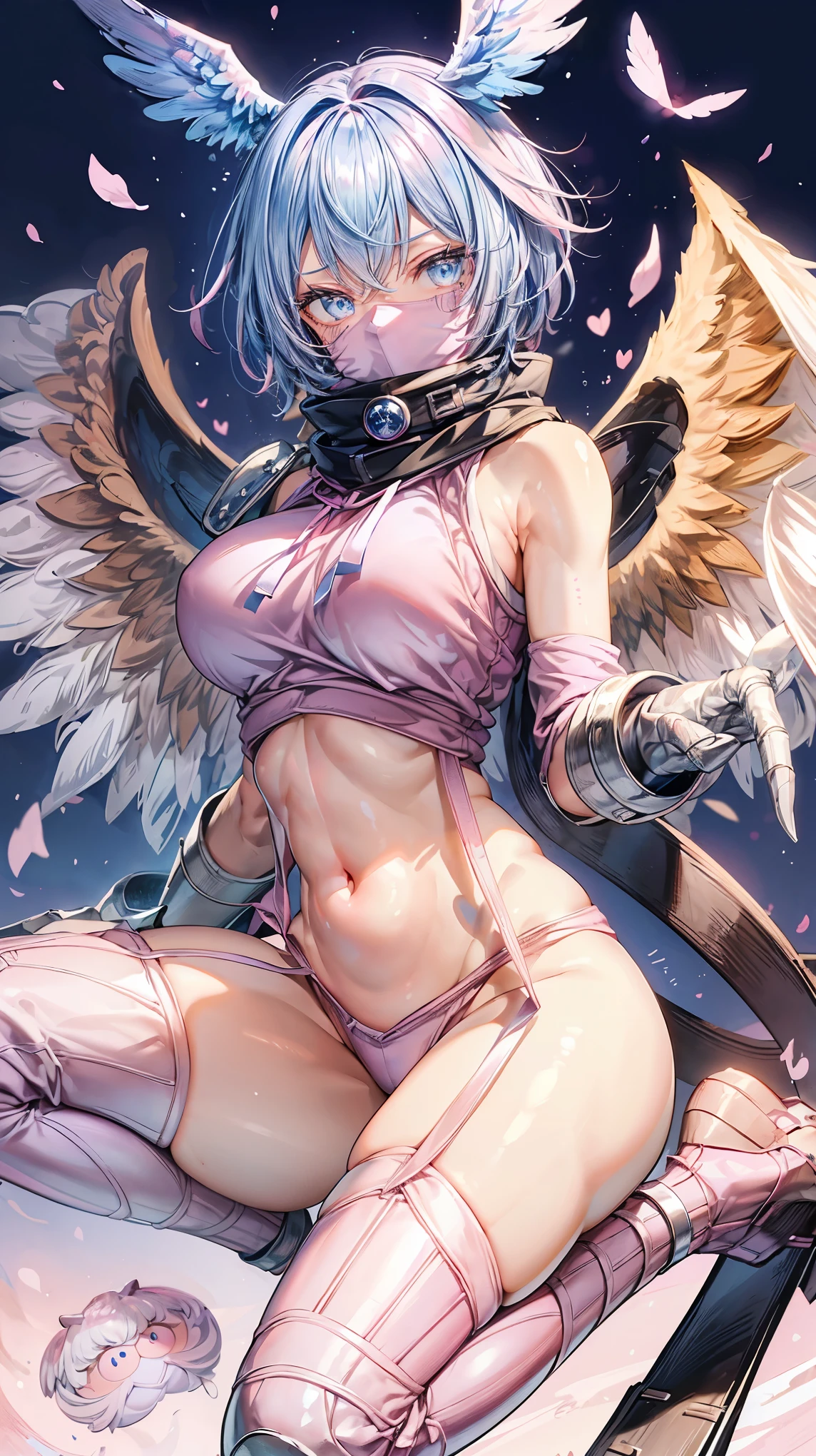 Very detailed、highest quality、Best image quality、masterpiece、8k、Glowing blue eyes、Anime Face、(Big Breasts)、(Muscles of the whole body)、shutumon,blue hair,blue eyes,shy,scarf,big head wings,(mouth mask),facial mark,midriff,leash,pink paw footwear,(pink sweatshirt:1.5),(garter straps),big brown feathered wings,scarf,pink thighhighs,full body,hand of guido daniele