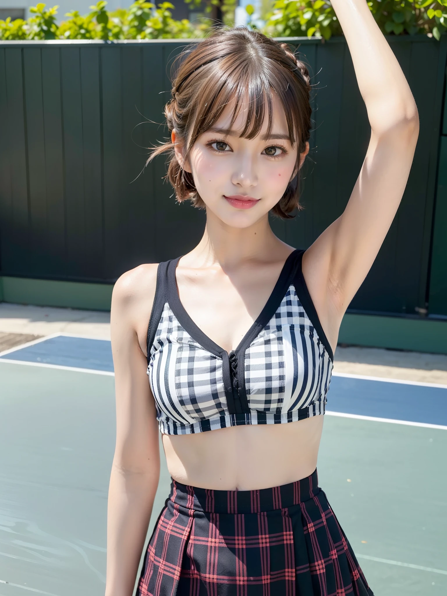 ((Best of the highest quality, 8k, Masterpiece: 1.3, raw photo)), Sharp focus: 1.2, (1 AESPA, slim body type female, 21 y/o: 1.1), (Solo: 1.2), (realistic, photo-realistic:1.37), face focus, cute face, finely eyes, (droopy eyes: 1.32), (Emphasize prominent aegyo-sal with bright: 1.2), shimmering eyeshadow applied under the lower lash line, paired with thick, (small breasts, flat chest, Thigh: 1.3), (short bob, bangs, updo: 1.28), (neat bra top, checkered tennis skirt outfit: 1.32), walking terrace office, sun light, flower, (arms up: 1.02)