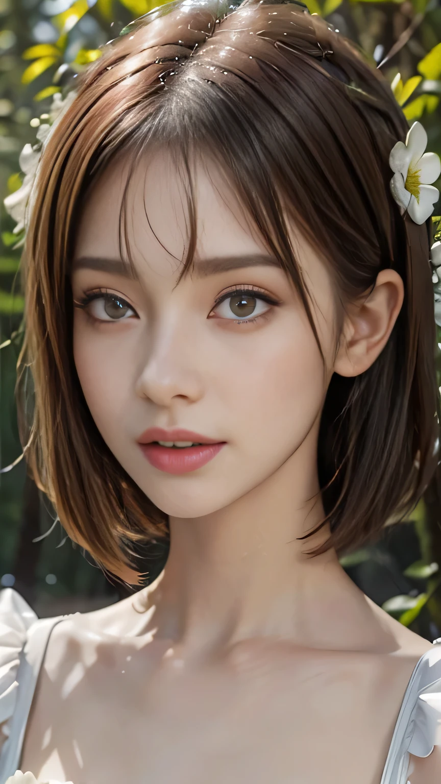 Cute woman in the drizzle, (elegant, Beautiful Face), Transparent white dress, Forest Moss, (freckles:0.8), Flower Field, , Curly Red Hair, Magical atmosphere, (short hair), ((Detailed skin, Skin Texture)), Ultra-detailed, (Exquisitely crafted, Fine details, Ultra-detailed), Ray Tracing, Scattered beneath the surface, (Fantasy underworld in the background), Diffused and soft lighting, Shallow depth of field, by (by Oliver Wetter), Sharp focus blur, (Realistic photo quality:1.4)