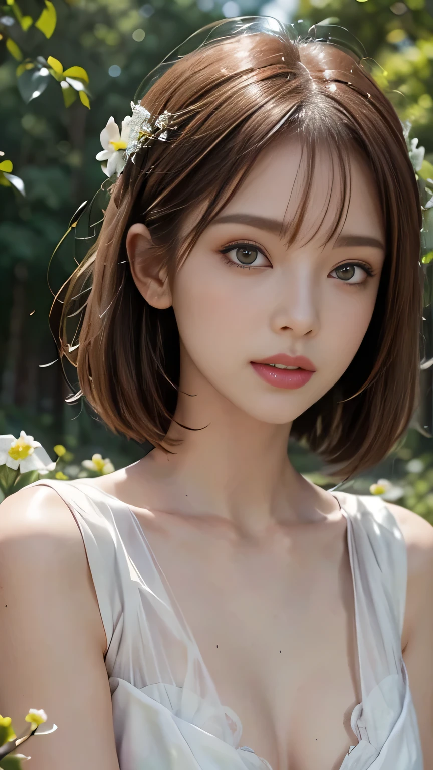 Cute woman in the drizzle, (elegant, Beautiful Face), Transparent white dress, Forest Moss, (freckles:0.8), Flower Field, , Curly Red Hair, Magical atmosphere, (short hair), ((Detailed skin, Skin Texture)), Ultra-detailed, (Exquisitely crafted, Fine details, Ultra-detailed), Ray Tracing, Scattered beneath the surface, (Fantasy underworld in the background), Diffused and soft lighting, Shallow depth of field, by (by Oliver Wetter), Sharp focus blur, (Realistic photo quality:1.4)