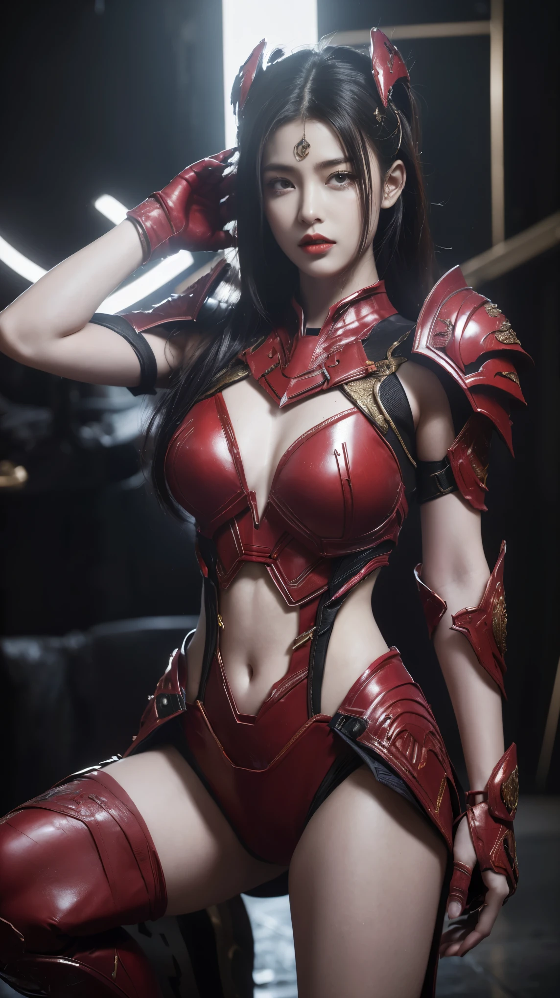 masterpiece,best quality,high resolution,8K,(Portraits:1.5),(R Original Photo),real picture,Digital Photography,(A fusion of cyberpunk and fantasy),(Female Soldiers),20 year old girl,Feel free to hairstyle,By Bangs,(Pink Eye, Accessories,Red lips,(He frowned,sneer),(Combination of cyberpunk and fantasy style clothing,hollow-carved design,Combined Armor,,red iron suit),Show your belly button,Photo pose breast skin texture realistic,Realistic style,Thunder and lightning on rainy days,(Thunder magic),oc render reflection texture
