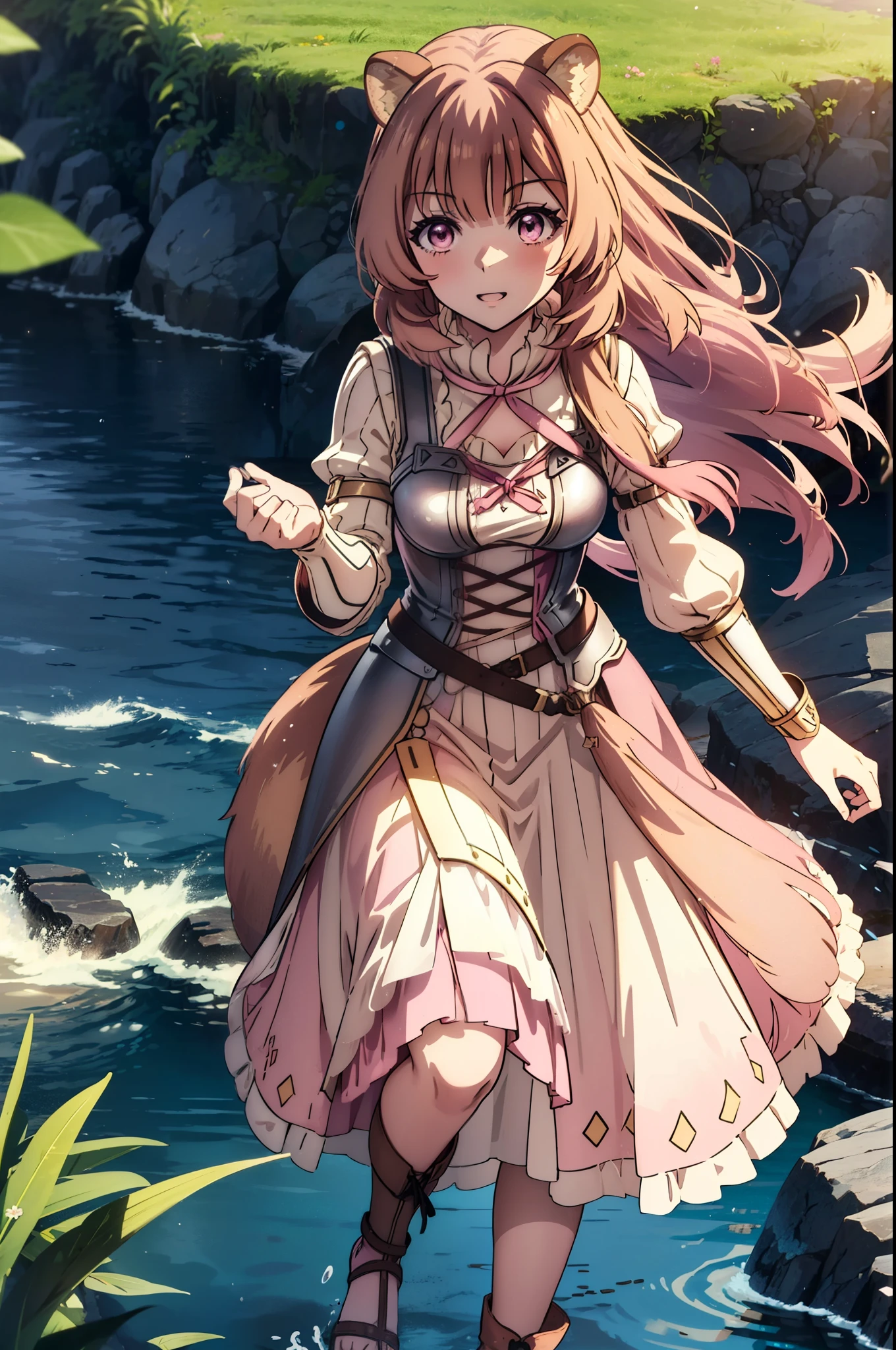 Raphtalia, Raphtalia, Long Hair, bangs, Brown Hair, Animal ears, Raccoon Ears, Raccoon Tail, Raccoon Girl, (Pink Eyes:1.3), happy smile, smile, Open your mouth,White sleeveless dress,White long skirt,Cute Sandals,Walking,whole bodyがイラストに入るように,
break outdoors, garden,Large Lake,Building district,
break looking at viewer, whole body,
break (masterpiece:1.2), highest quality, High resolution, unity 8k wallpaper, (figure:0.8), (Beautiful fine details:1.6), Highly detailed face, Perfect lighting, Highly detailed CG, (Perfect hands, Perfect ???????),