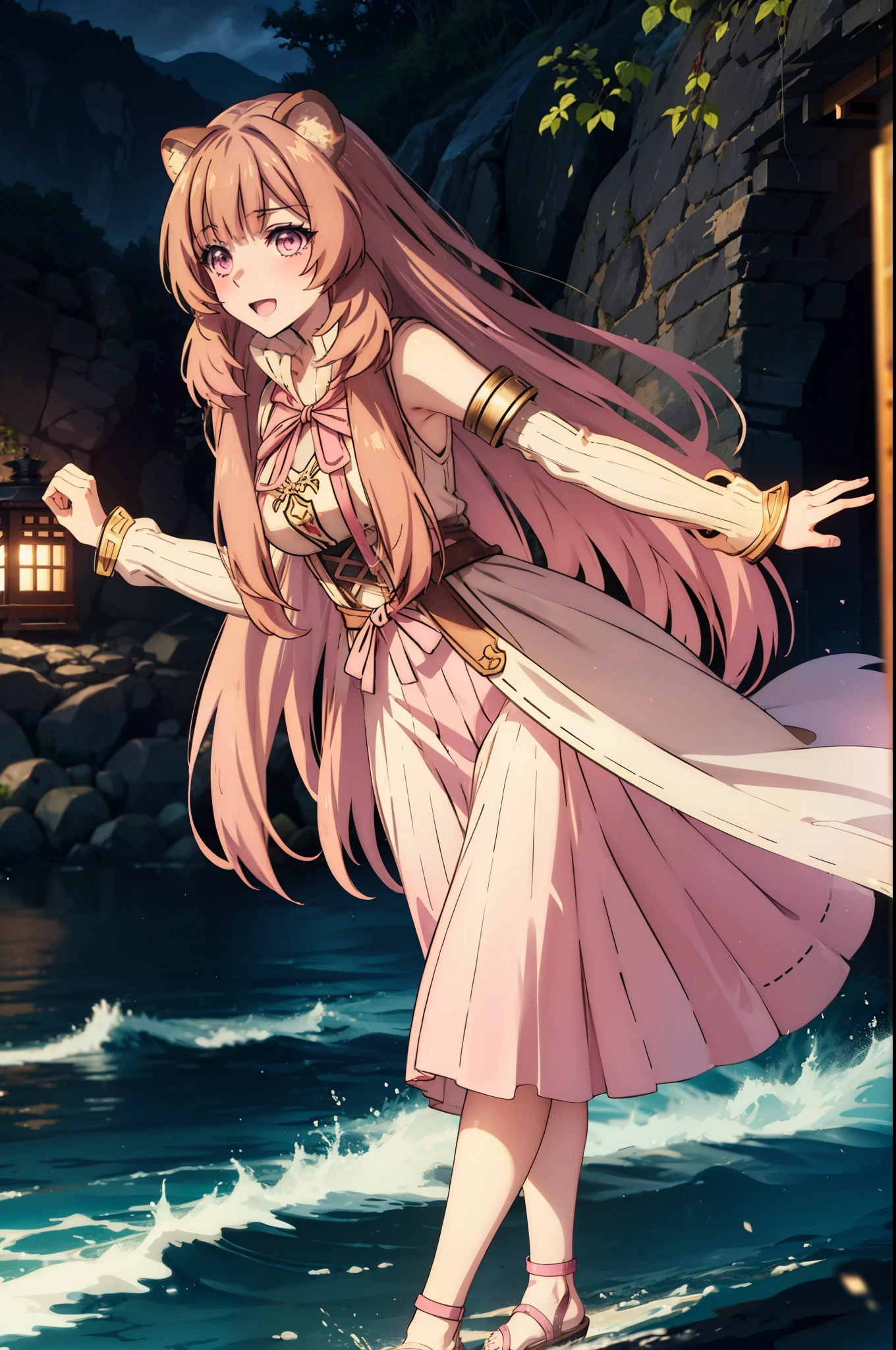 Raphtalia, Raphtalia, Long Hair, bangs, Brown Hair, Animal ears, Raccoon Ears, Raccoon Tail, Raccoon Girl, (Pink Eyes:1.3), happy smile, smile, Open your mouth,White sleeveless dress,White long skirt,Cute Sandals,Walking,whole bodyがイラストに入るように,
break outdoors, garden,Large Lake,Building district,
break looking at viewer, whole body,
break (masterpiece:1.2), highest quality, High resolution, unity 8k wallpaper, (figure:0.8), (Beautiful fine details:1.6), Highly detailed face, Perfect lighting, Highly detailed CG, (Perfect hands, Perfect Anatomy),