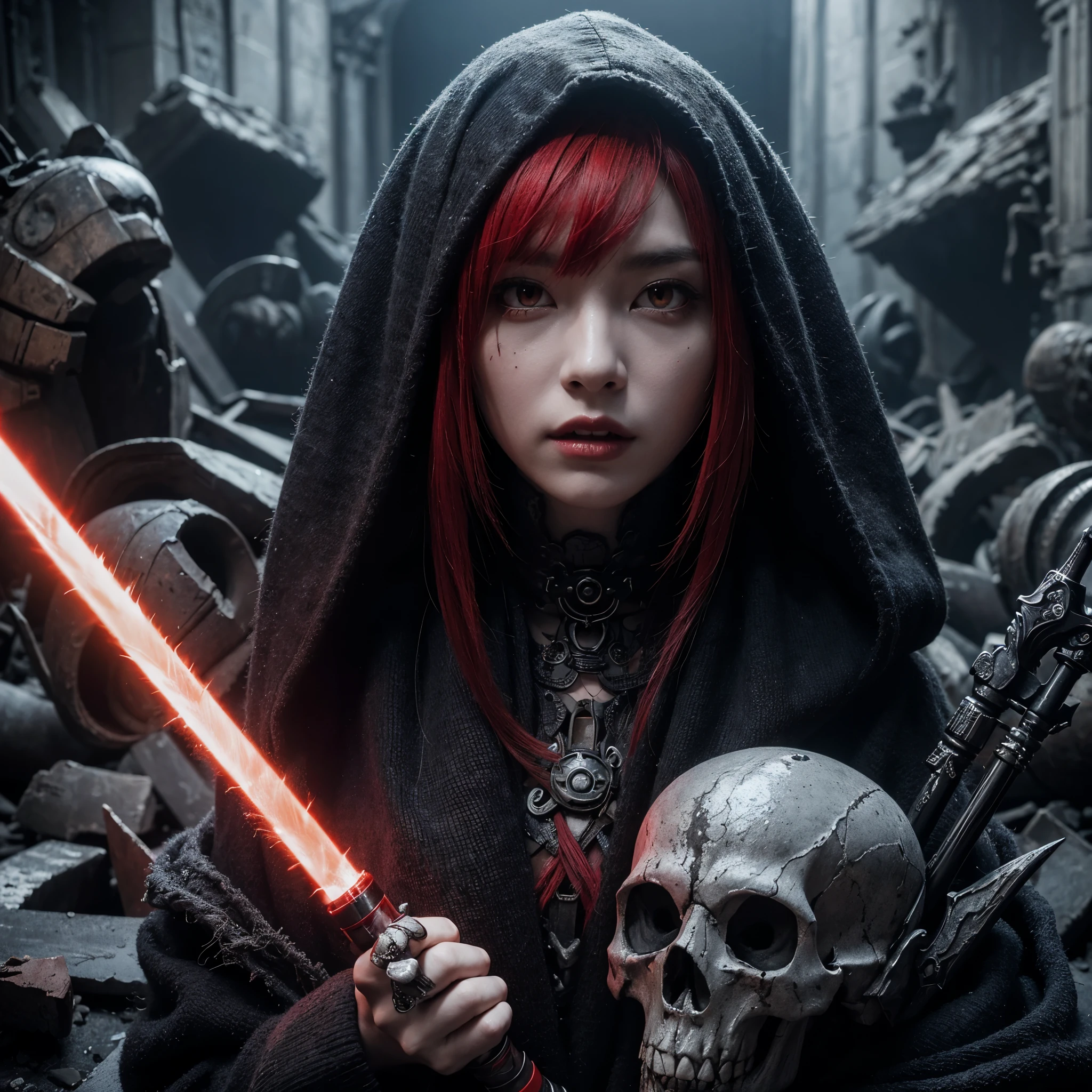 (very sharp result, full body desaturated photo) (((textile shading))), (((Best Quality))), (((masterpiece))), (((hyper realistic photo))) tight close up, in starwars universe, a dark sith lordes japanese girl in black cult hoodie pale skin, gothic makeup, piercings on nose and face, mysterious, red eyes (she is holding skull & crimson red lighsaber) red hair with tribal hairdo, posing on a ruined temple full of relic & gargoyles, surrounded by red eyes gargoyle beast from temple, horror feel mood gritty atmosphere,4K