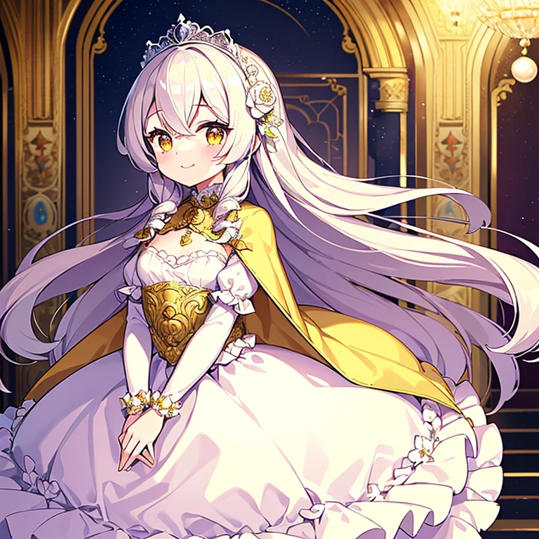looking at viewer,(kawaii),(best quality),(ultra detailed), upper body,(rococo style),(long train pastel yellow cape:1.15), very long cape,(long train white ball gown with flower decorations:1.1), a girl is wearing a cape over her gown, 1 little princess, tiara, smile, very long hair, small breasts