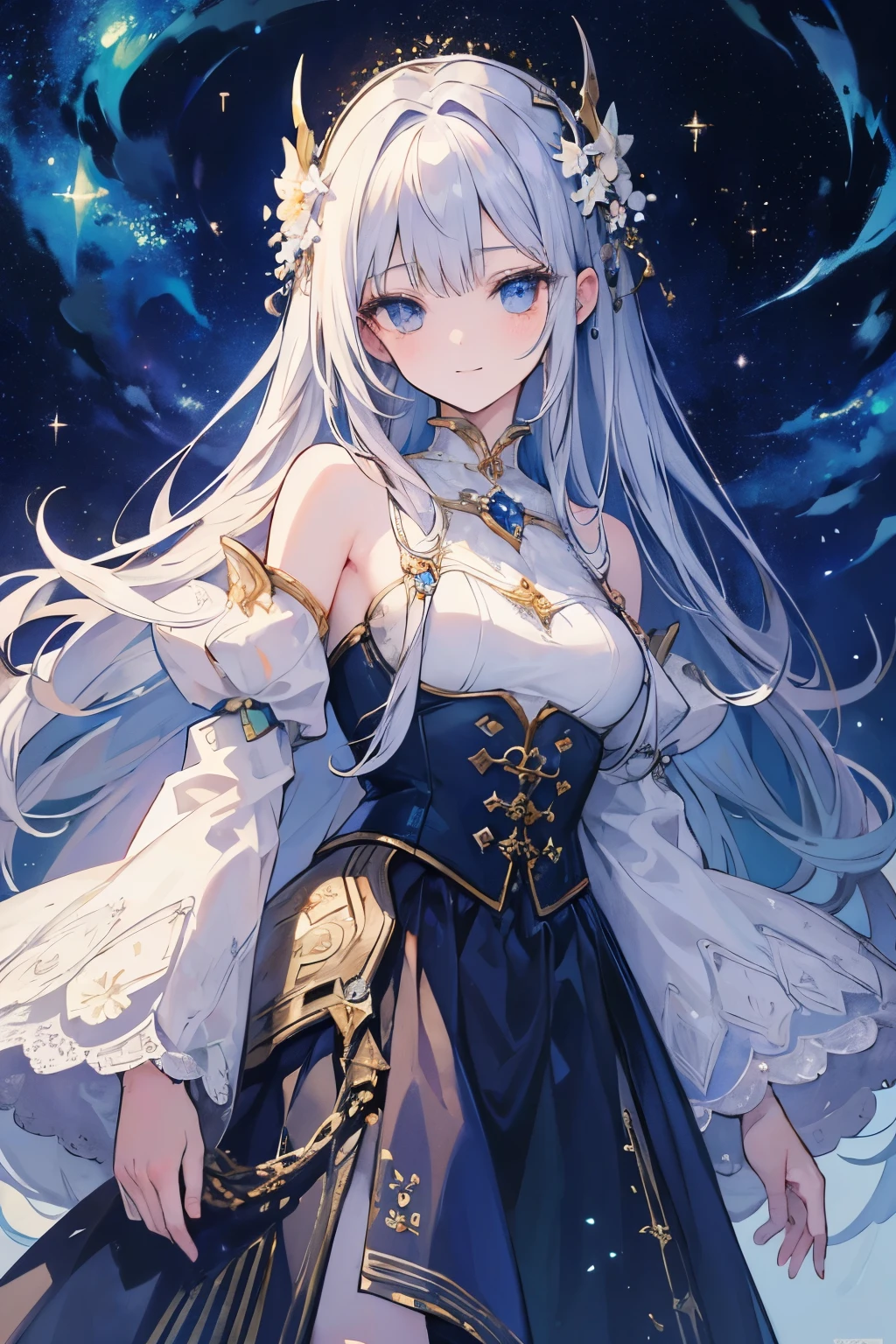 (((masterpiece)))、(((Top quality)))、((Extremely detailed))、(Implications)、((Extremely exquisite and beautiful))，background, fantasy, excellent, fantasy, forest, masterpiece, best quality, Ultra-high resolution, detailed illustration, portrait, detailed, 1Girl standing in the starry night sky and the Milky Way， village, Solitary, , skirt, flower, White smile, whole body, white flower, Bare shoulders, very