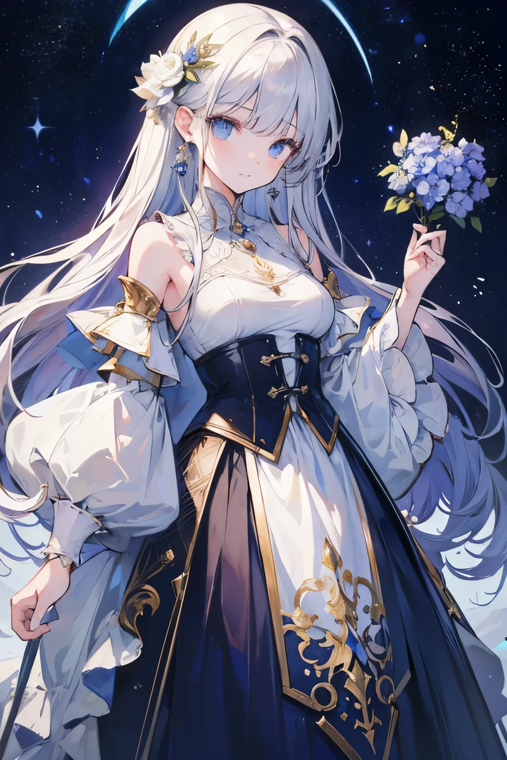 (((masterpiece)))、(((Top quality)))、((Extremely detailed))、(Implications)、((Extremely exquisite and beautiful)),background, fantasy, excellent, fantasy, forest, masterpiece, best quality, Ultra-high resolution, detailed illustration, portrait, detailed, 1Girl standing in the starry night sky and the Milky Way, village, Solitary, , skirt, flower, White smile, whole body, white flower, Bare shoulders, very