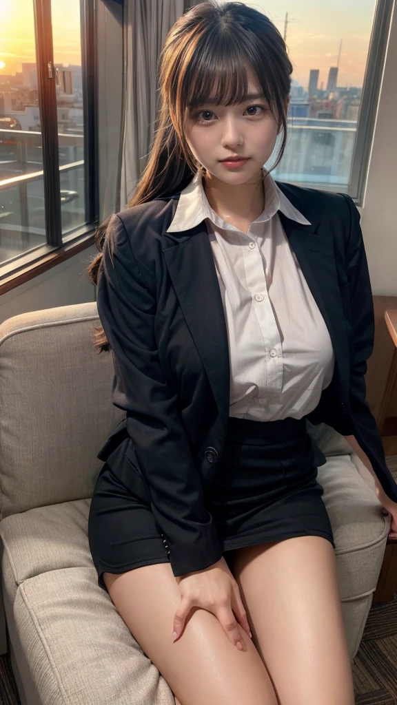 masterpiece, best quality, illustration, Super detailed, fine details, High resolution, 8K,wall paper, perfect dynamic composition,(Details High quality, realistic depiction of eyes:1.3), Office Lady, ,Suit,Collared shirt, Black Suit,Black jacket, updo, huge breasts, black hair color, Big Natural Color Lip, bold sexy pose, crying a little、20 year old girl、cute type、ta、beautiful legs, hotel room, full body photo、focus on crotch, hposing Gravure Idol, Sexy shot looking at camera, Sunset, by the window, Summer, make up, Curve
